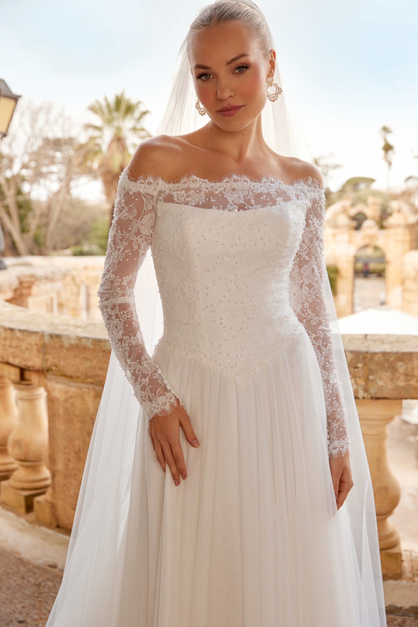 Sincerity Bridal Style 44609 Off-the-Shoulder A-Line Bridal Gown with Chantilly Lace Bodice, Scalloped Eyelash Trim, and Basque Waistline