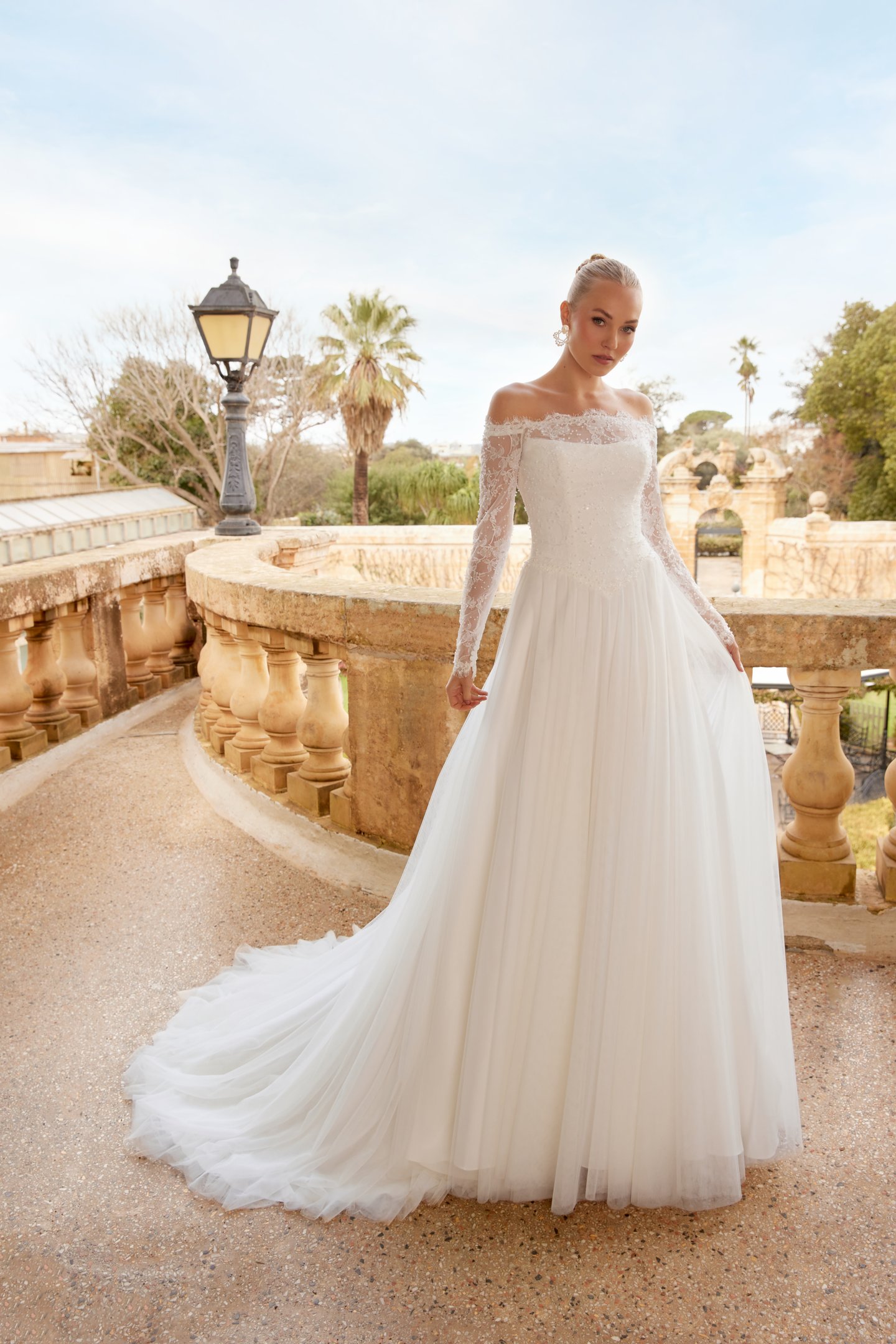 Sincerity Bridal Style 44609 Off-the-Shoulder A-Line Bridal Gown with Chantilly Lace Bodice, Scalloped Eyelash Trim, and Basque Waistline