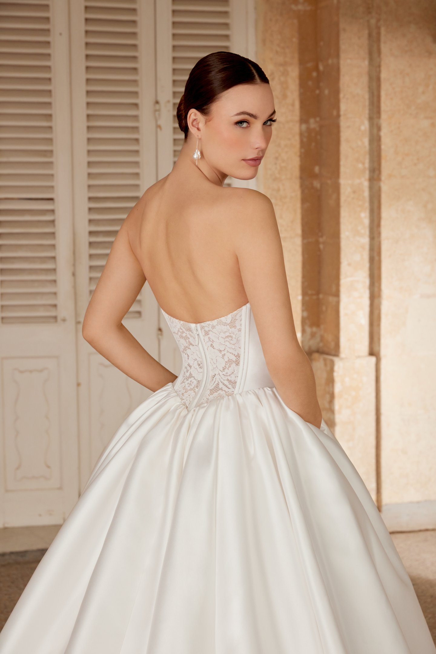 Sincerity Bridal Style 44610 Mikado Ball Gown with Exposed Boning on Bodice and Basque Waistline
