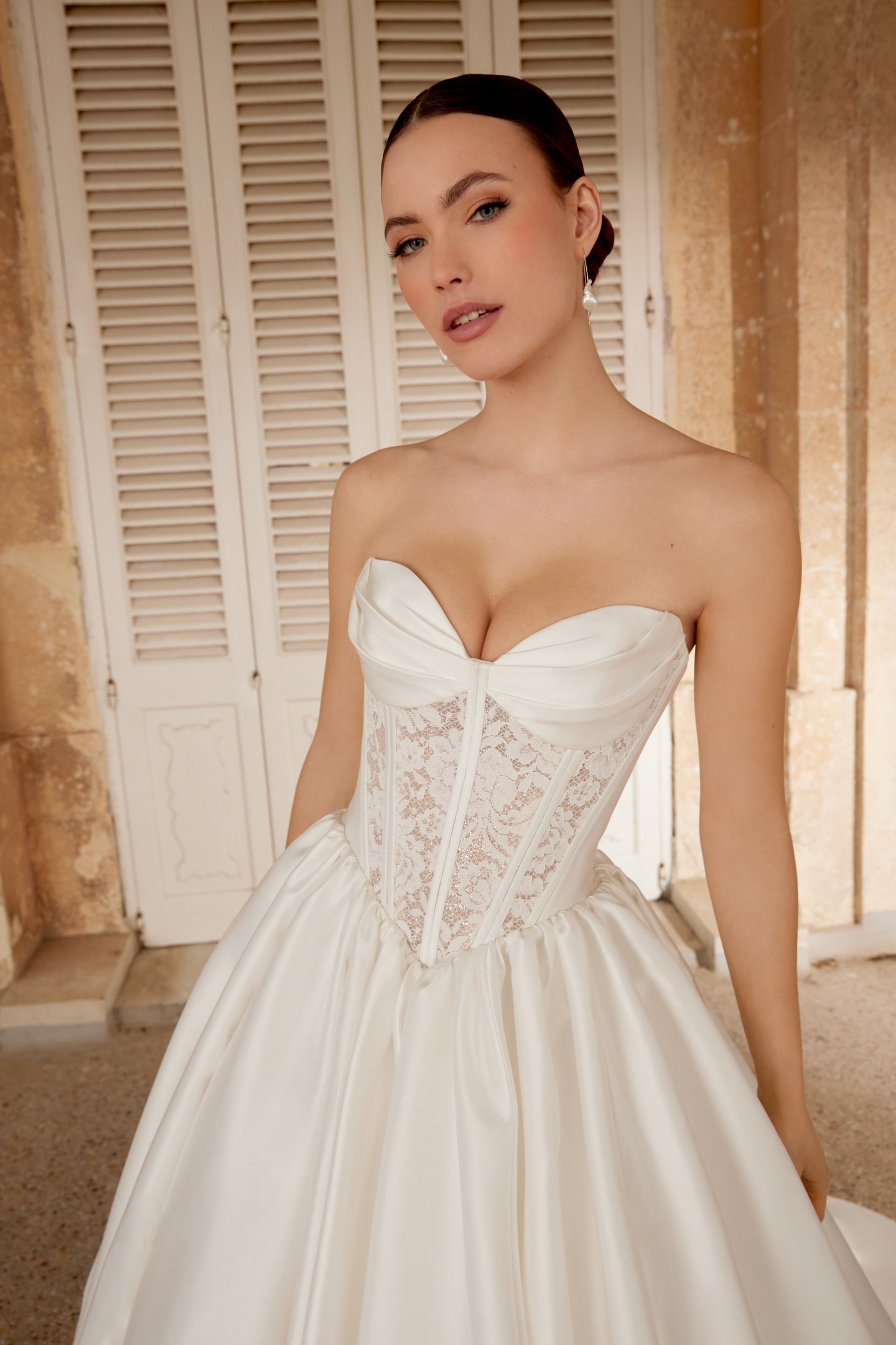 Sincerity Bridal Style 44610 Mikado Ball Gown with Exposed Boning on Bodice and Basque Waistline