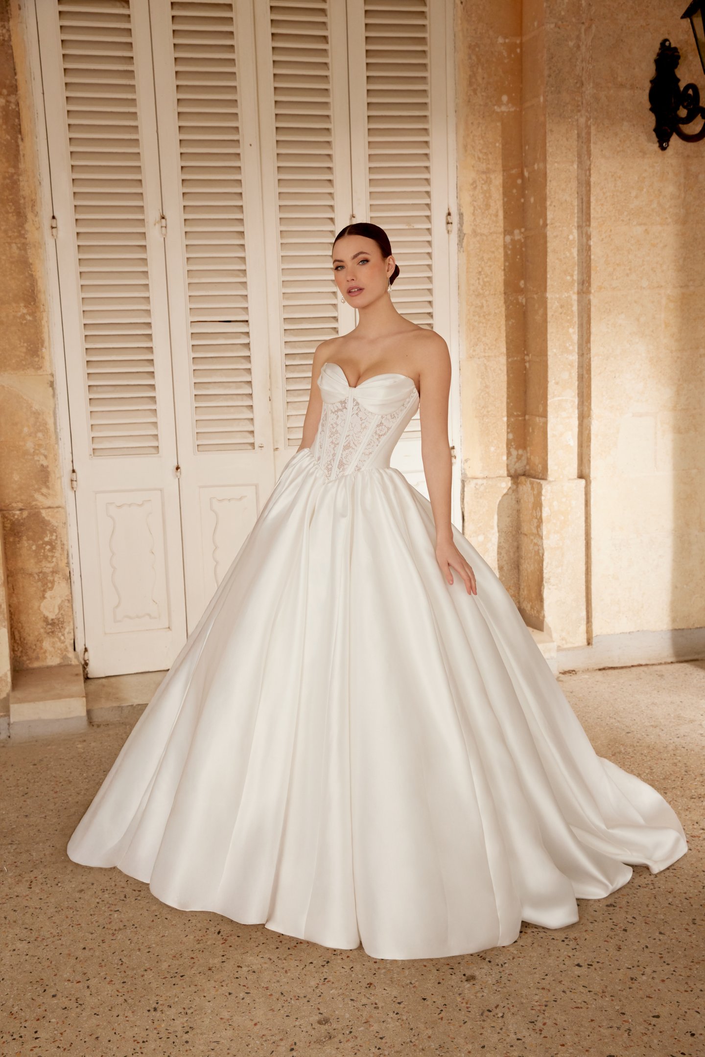 Sincerity Bridal Style 44610 Mikado Ball Gown with Exposed Boning on Bodice and Basque Waistline