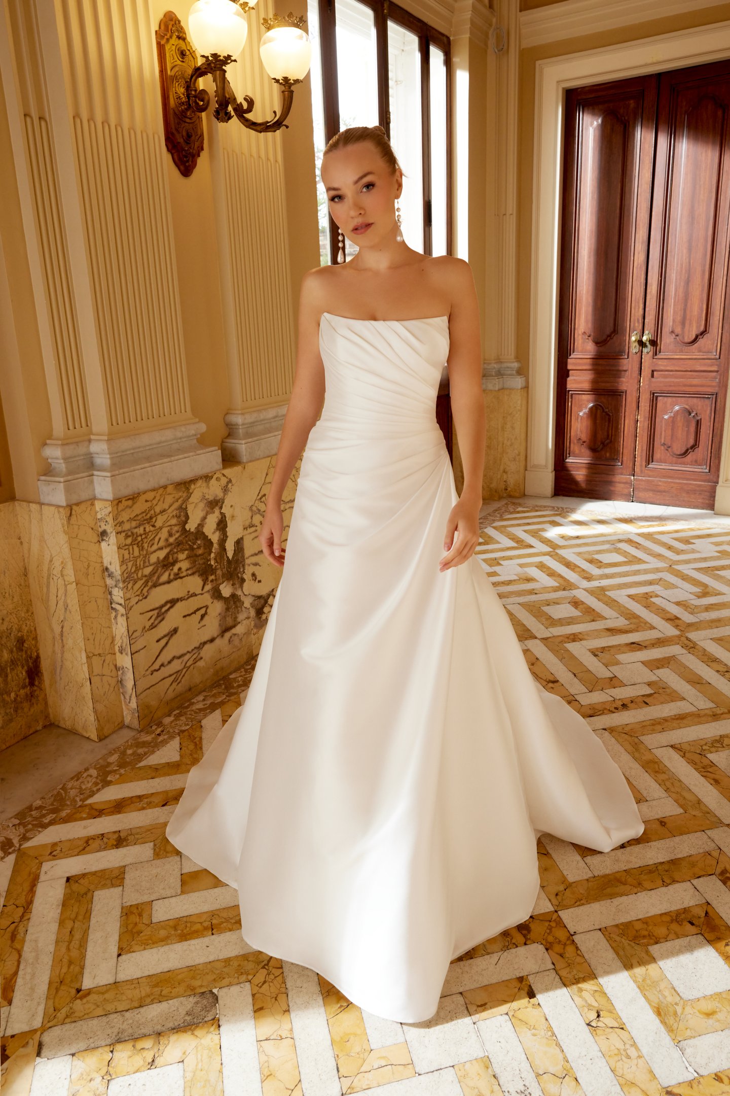 Sincerity Bridal Style 44611 Slim A-Line MikadoDress with Pleated Bodice and Skirt