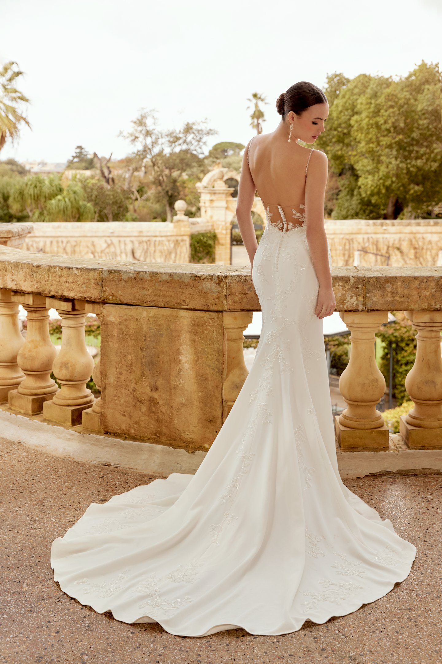 Sincerity Bridal Style 44612 Sparkling Crepe Fit and Flare Dress with Sequined and Beaded Spaghetti Straps and Illusion Back