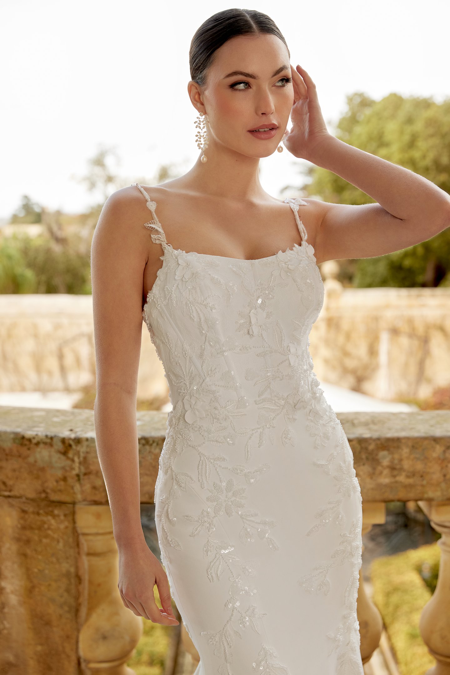 Sincerity Bridal Style 44612 Sparkling Crepe Fit and Flare Dress with Sequined and Beaded Spaghetti Straps and Illusion Back
