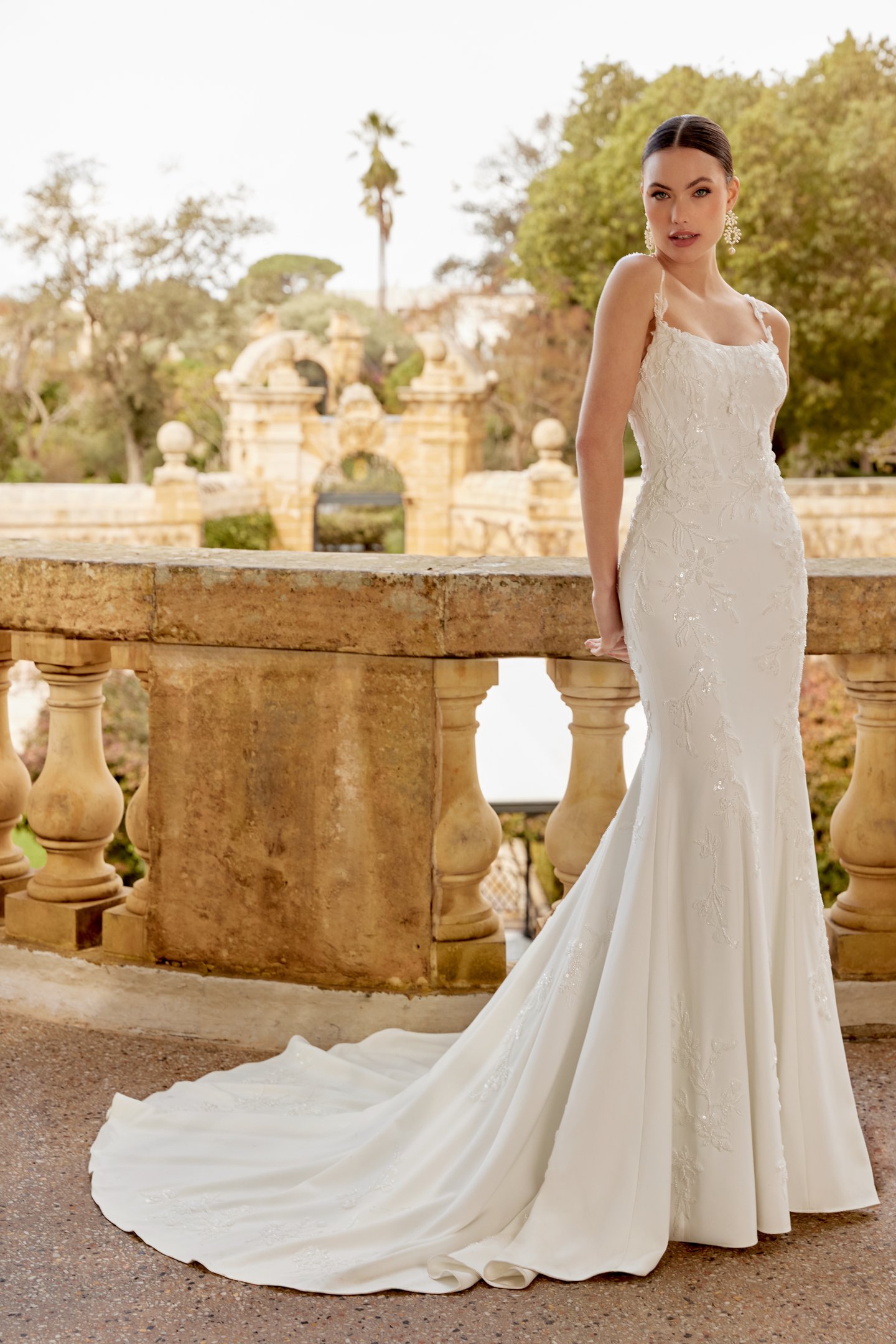 Sincerity Bridal Style 44612 Sparkling Crepe Fit and Flare Dress with Sequined and Beaded Spaghetti Straps and Illusion Back
