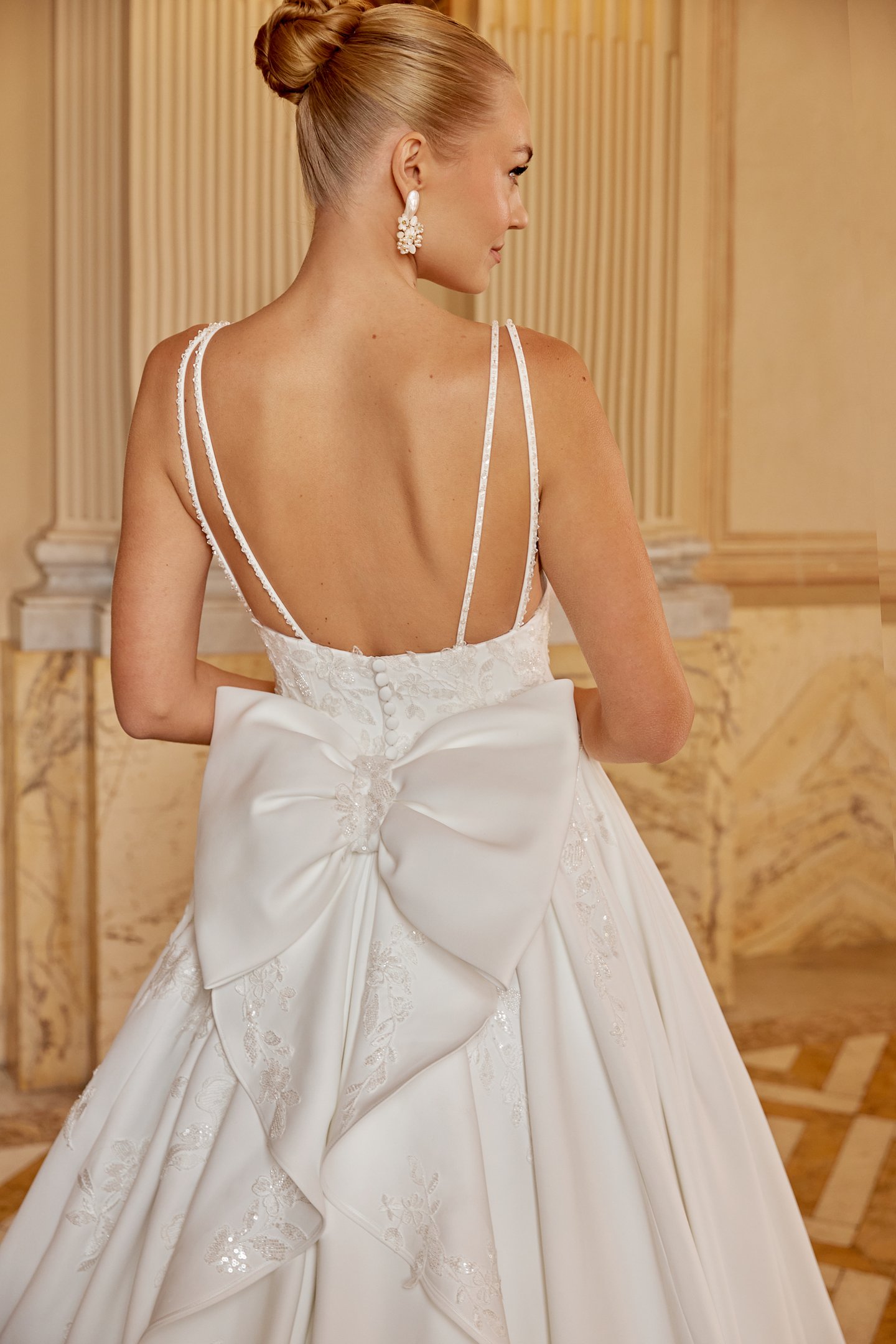 Sincerity Bridal Style 44613 Satin Ball Gown with Plunging Bikini Neckline and Floral Lace Appliqués