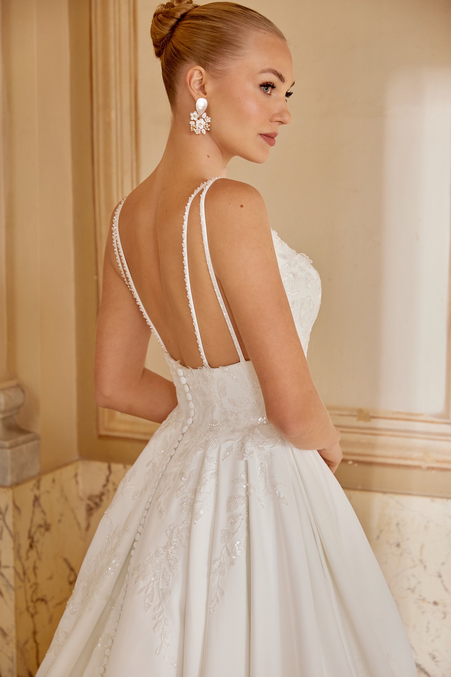 Sincerity Bridal Style 44613 Satin Ball Gown with Plunging Bikini Neckline and Floral Lace Appliqués