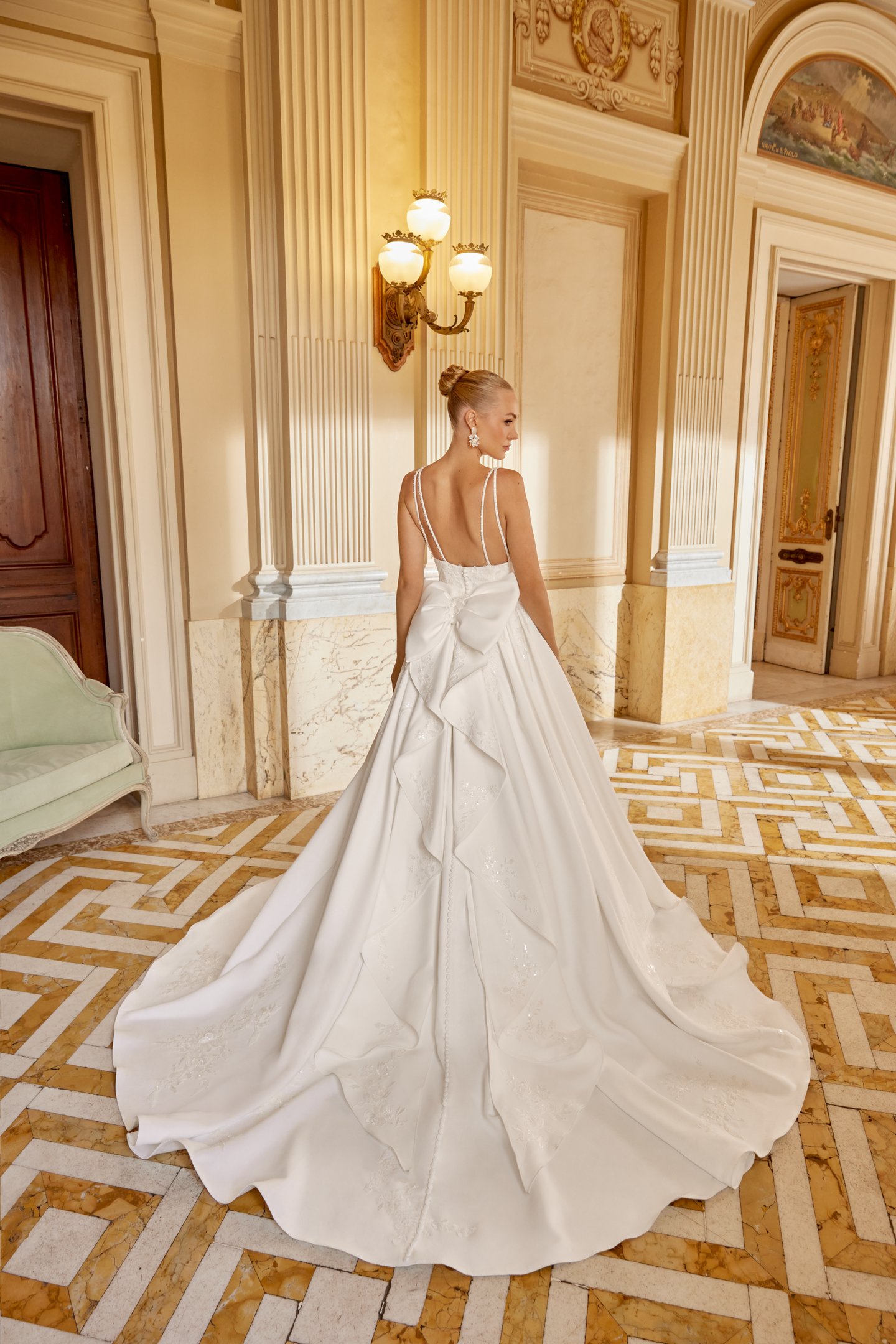 Sincerity Bridal Style 44613 Satin Ball Gown with Plunging Bikini Neckline and Floral Lace Appliqués