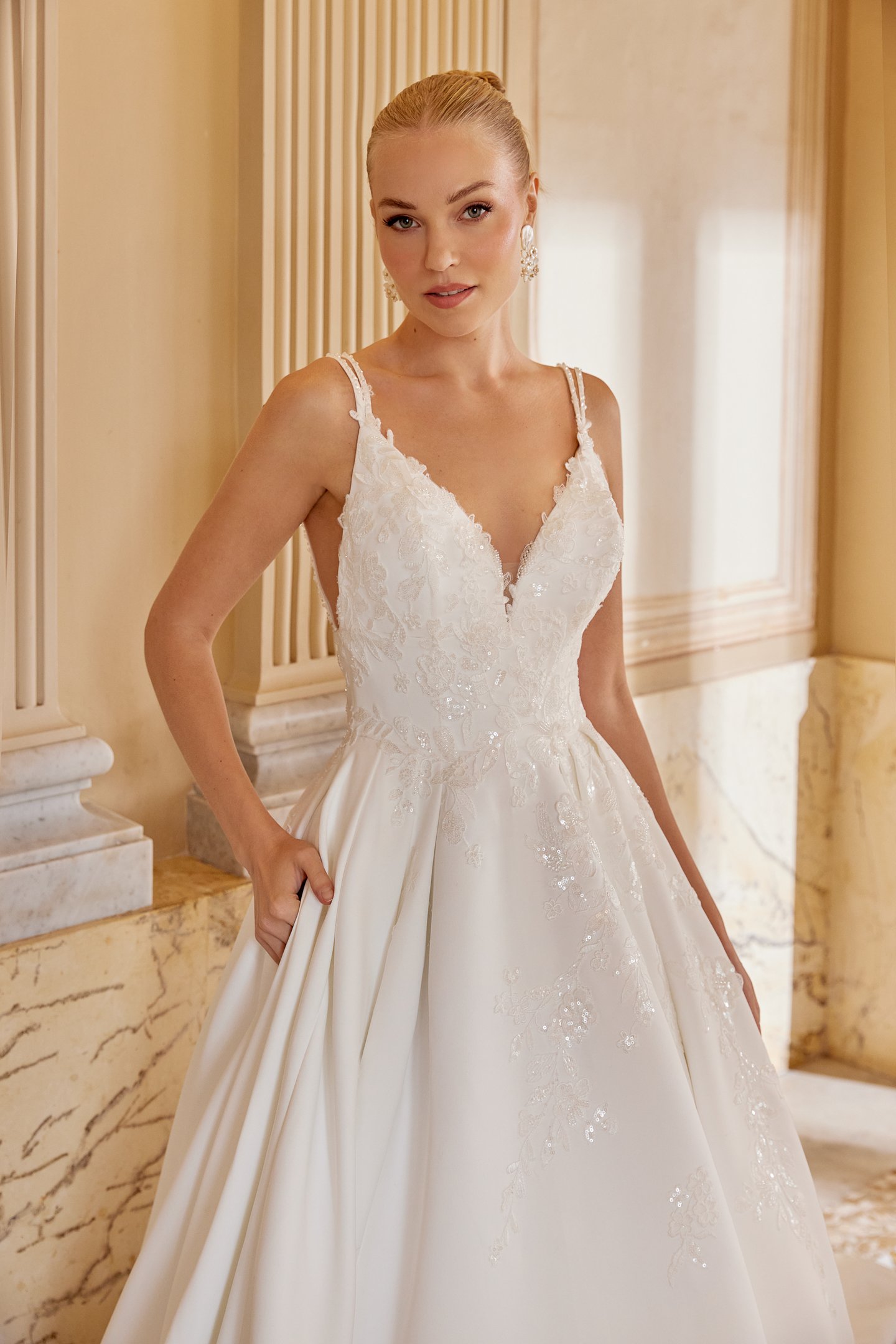 Sincerity Bridal Style 44613 Satin Ball Gown with Plunging Bikini Neckline and Floral Lace Appliqués