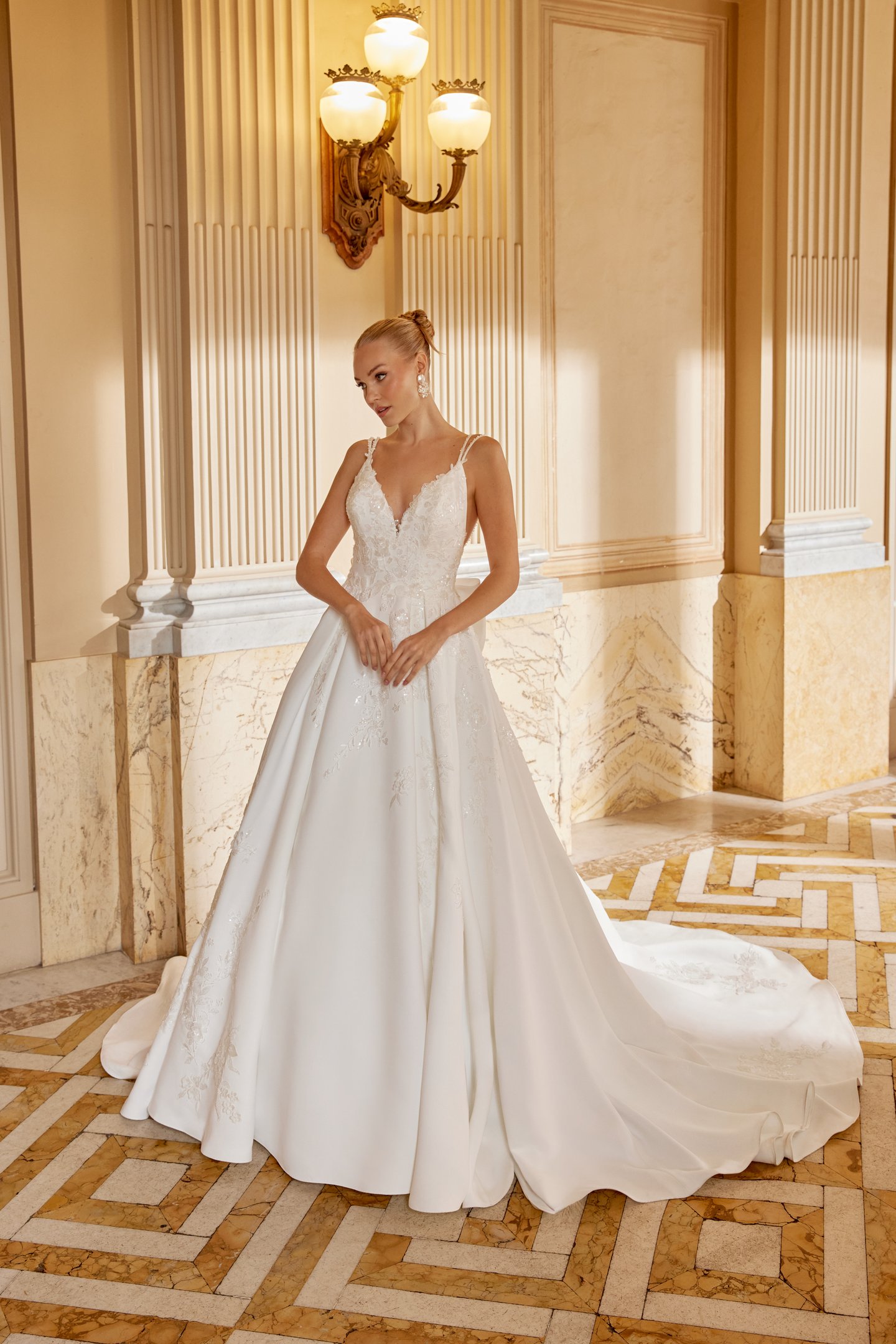 Sincerity Bridal Style 44613 Satin Ball Gown with Plunging Bikini Neckline and Floral Lace Appliqués