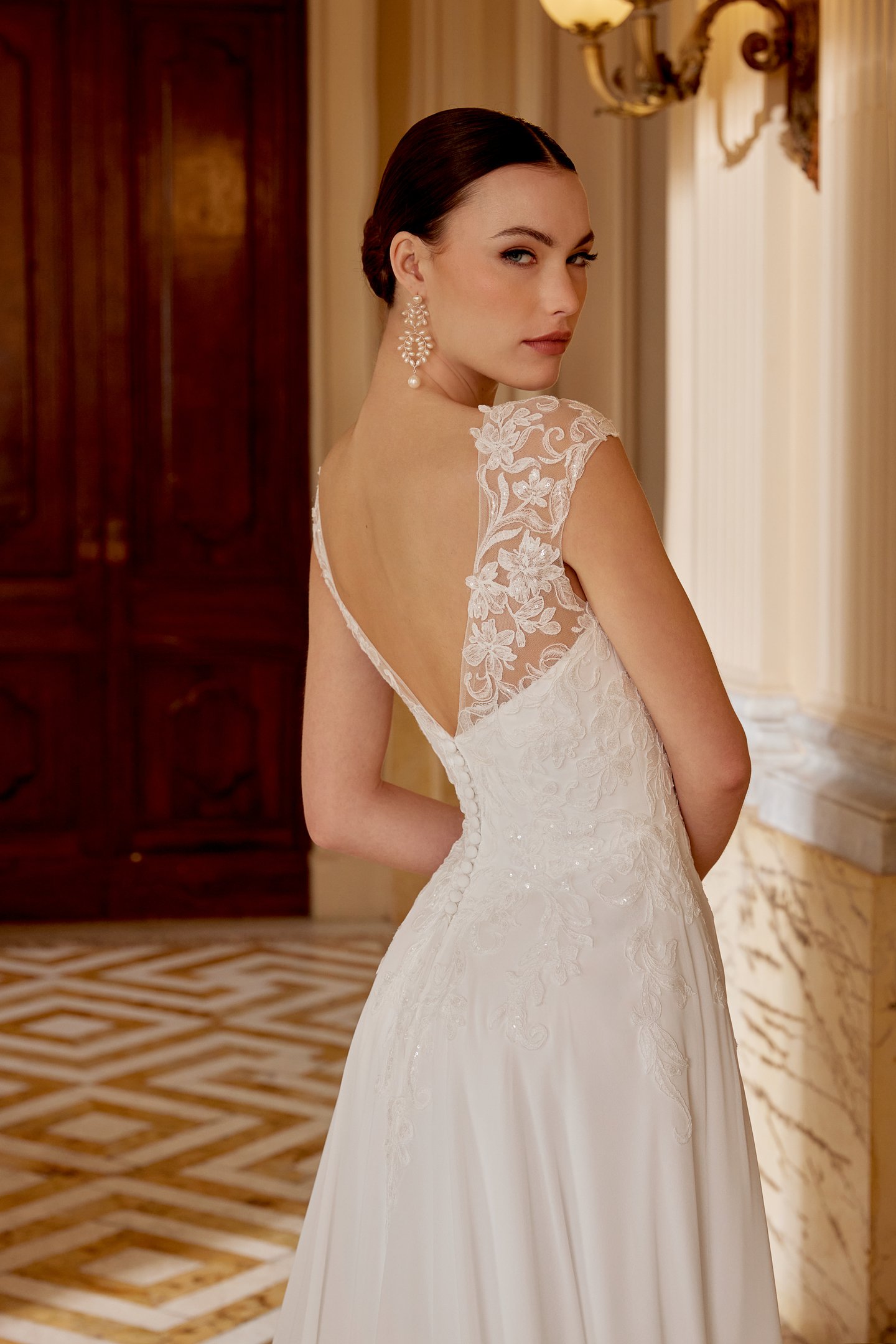 Sincerity Bridal Style 44614 Chiffon A-Line Dress with Illusion Sabrina Neckline and Sweetheart Bodice with Cap Sleeves