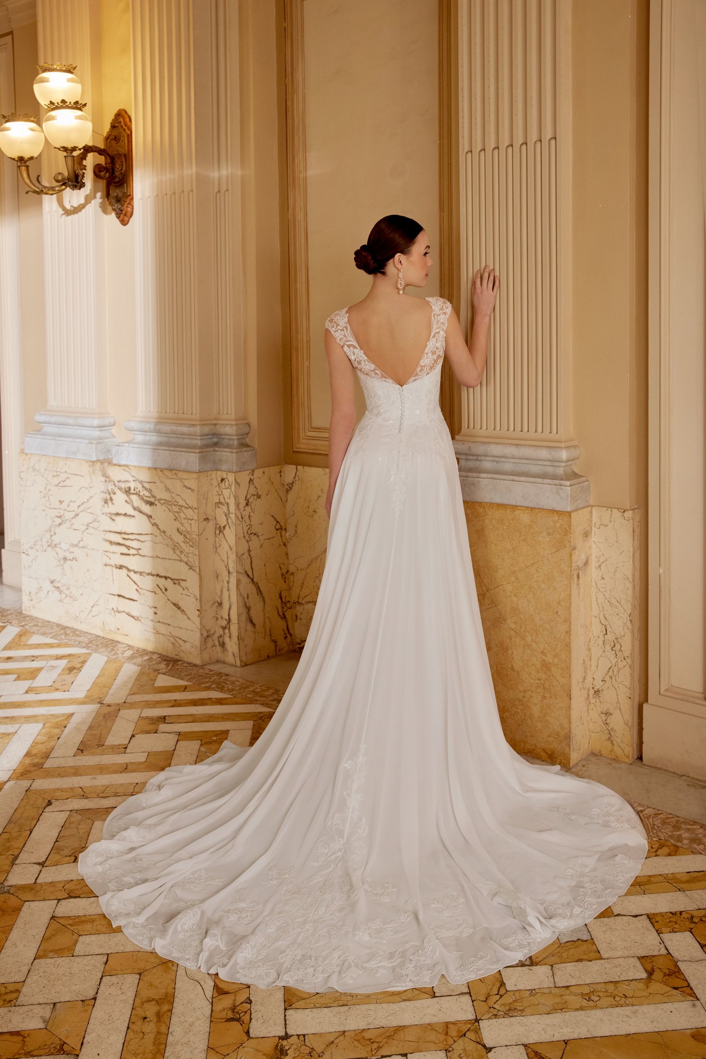 Sincerity Bridal Style 44614 Chiffon A-Line Dress with Illusion Sabrina Neckline and Sweetheart Bodice with Cap Sleeves