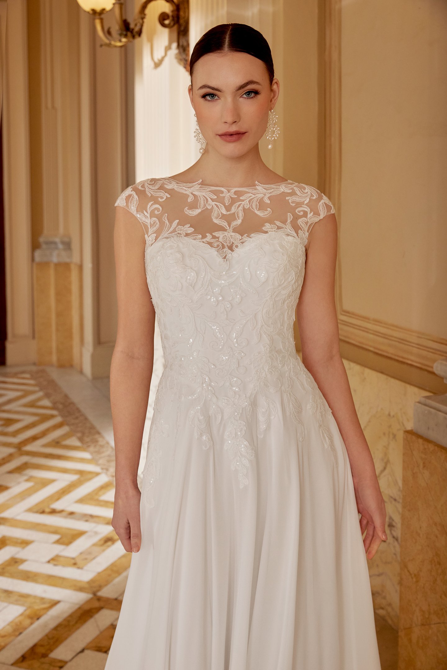 Sincerity Bridal Style 44614 Chiffon A-Line Dress with Illusion Sabrina Neckline and Sweetheart Bodice with Cap Sleeves