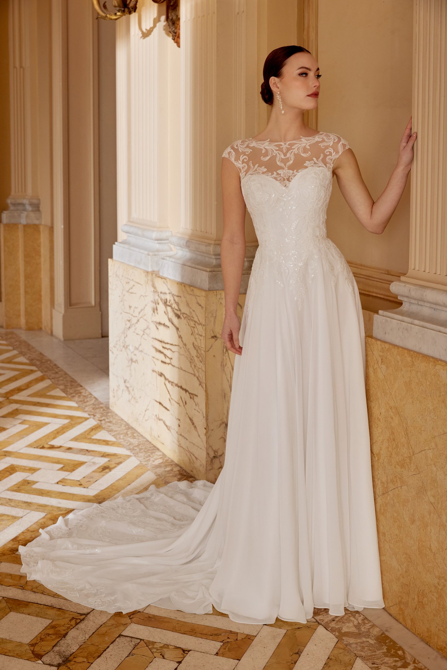 Sincerity Bridal Style 44614 Chiffon A-Line Dress with Illusion Sabrina Neckline and Sweetheart Bodice with Cap Sleeves
