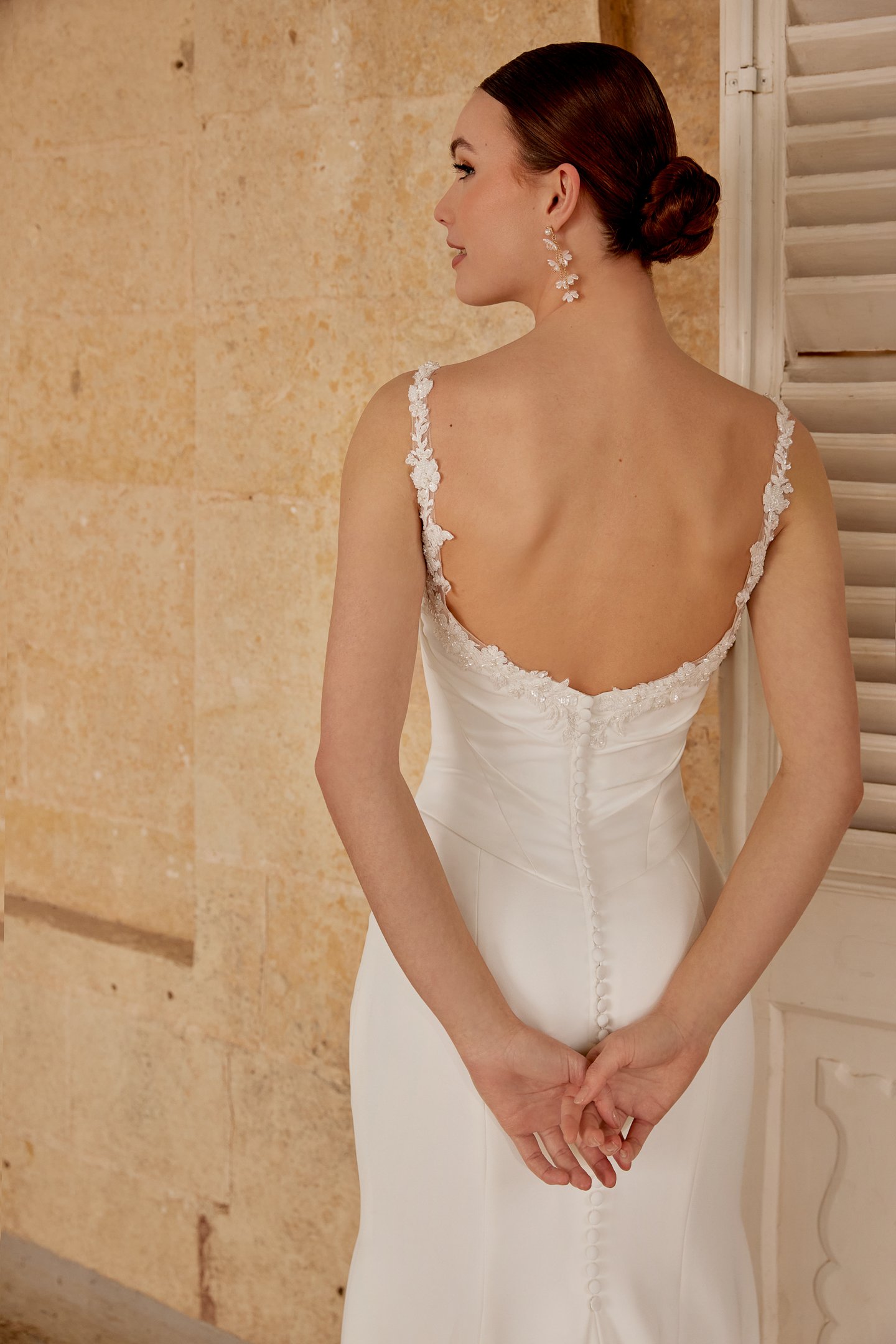 Sincerity Bridal Style 44615 Faux Two-Piece Crepe Fit and Flare Dress with Peek-A-Boo Detail at Neckline with Pleated Bodice