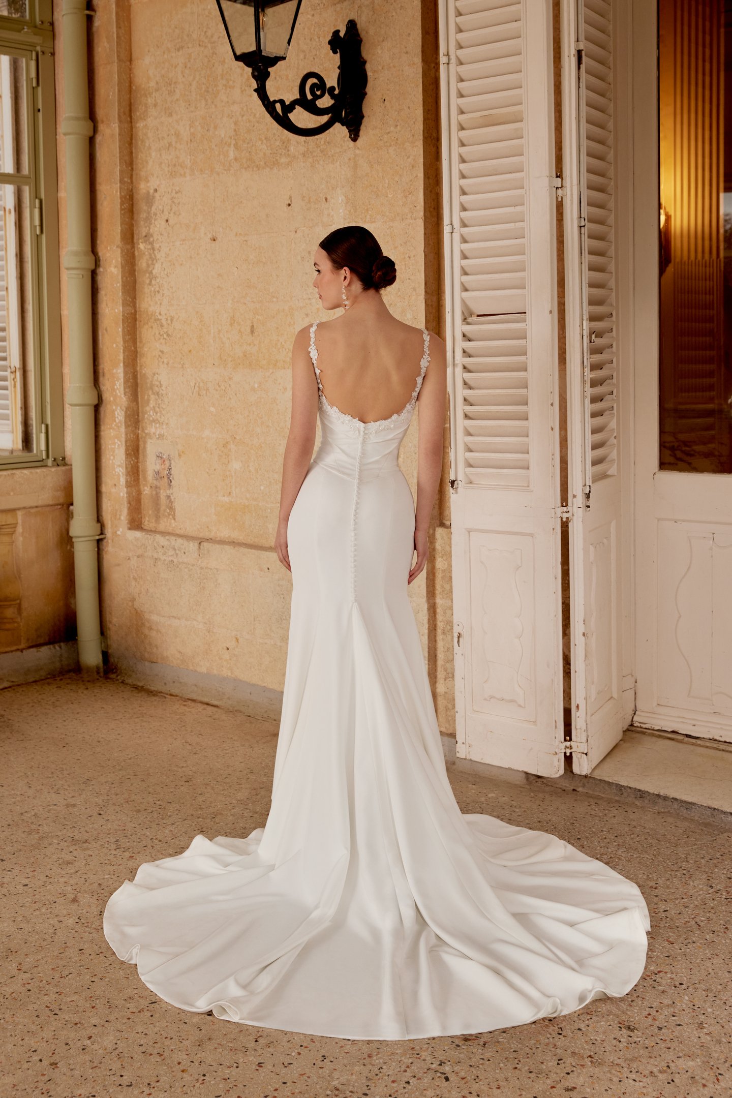 Sincerity Bridal Style 44615 Faux Two-Piece Crepe Fit and Flare Dress with Peek-A-Boo Detail at Neckline with Pleated Bodice