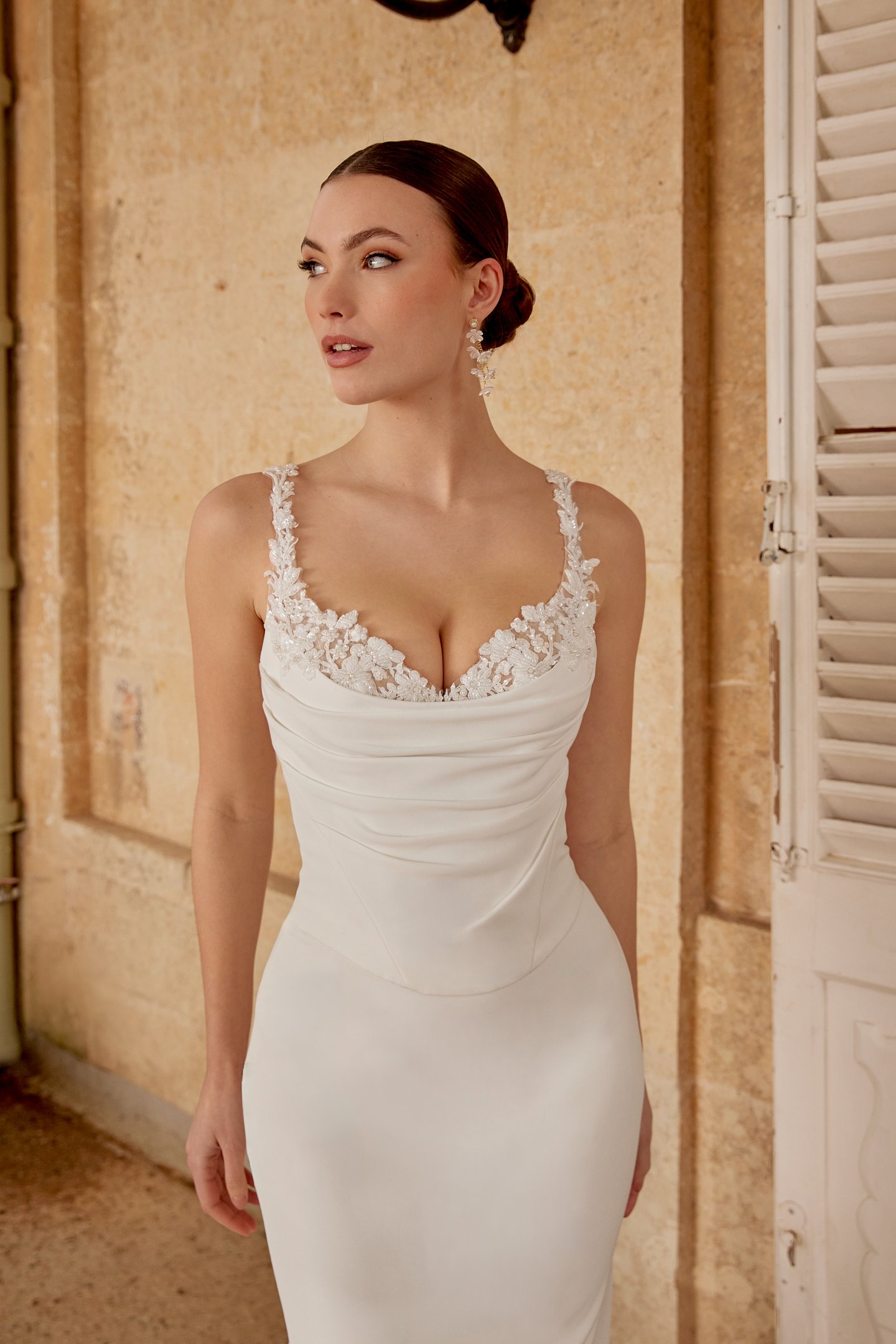 Sincerity Bridal Style 44615 Faux Two-Piece Crepe Fit and Flare Dress with Peek-A-Boo Detail at Neckline with Pleated Bodice