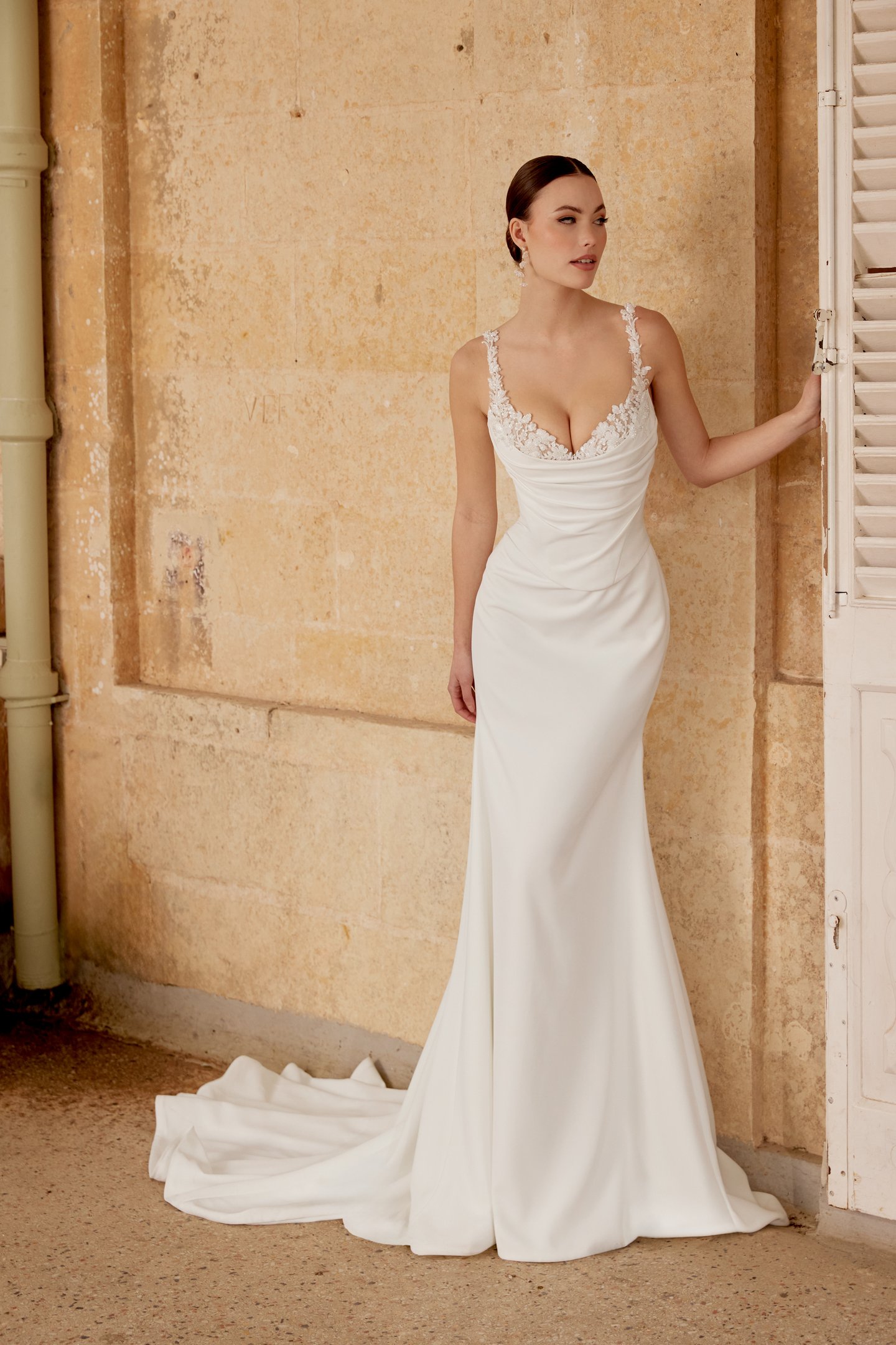 Sincerity Bridal Style 44615 Faux Two-Piece Crepe Fit and Flare Dress with Peek-A-Boo Detail at Neckline with Pleated Bodice