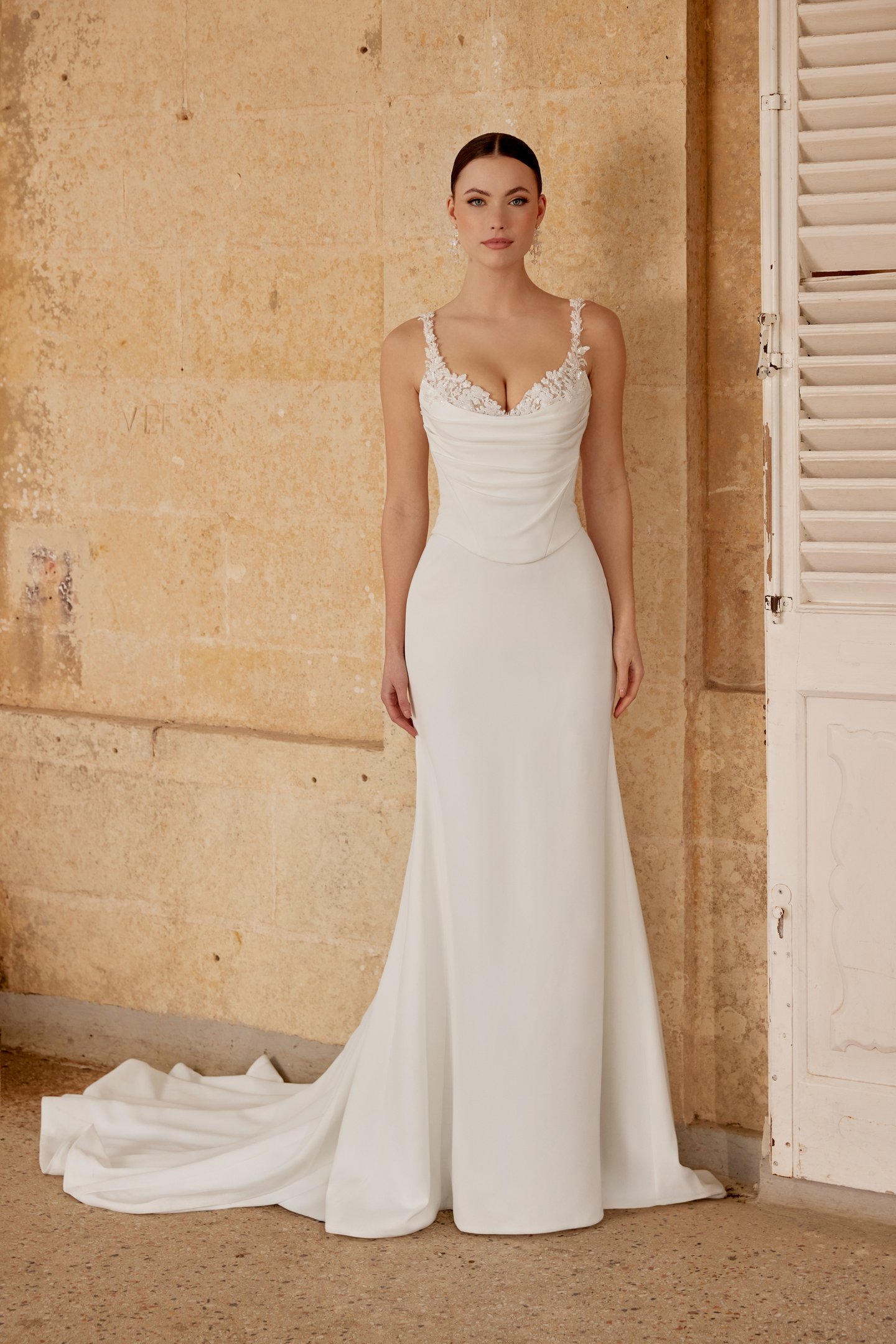 Sincerity Bridal Style 44615 Faux Two-Piece Crepe Fit and Flare Dress with Peek-A-Boo Detail at Neckline with Pleated Bodice