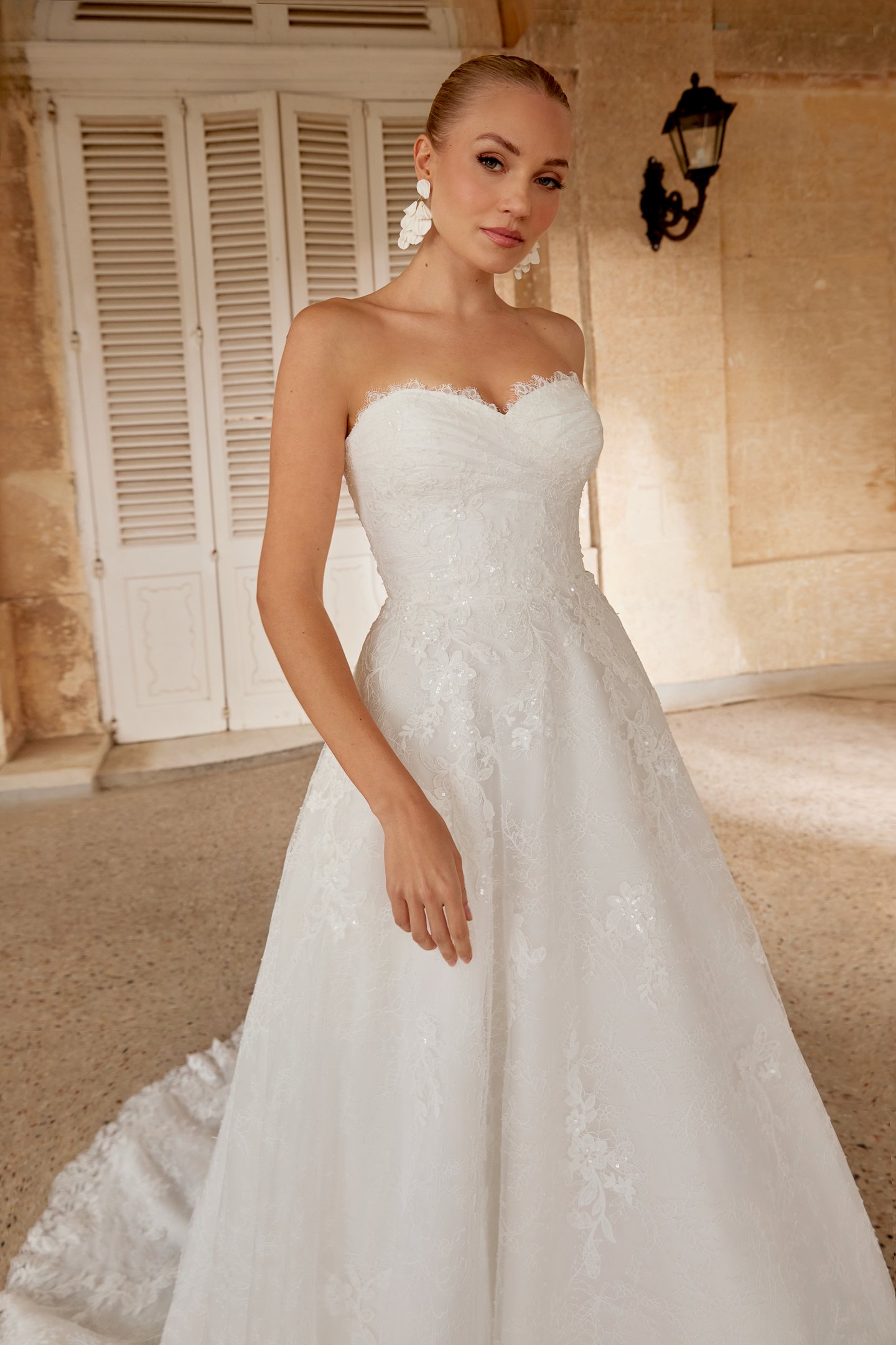 Sincerity Bridal Style 44616 Allover Chantilly Lace A-Line Dress with Draped Strapless Sweetheart Neckline and Natural Waist