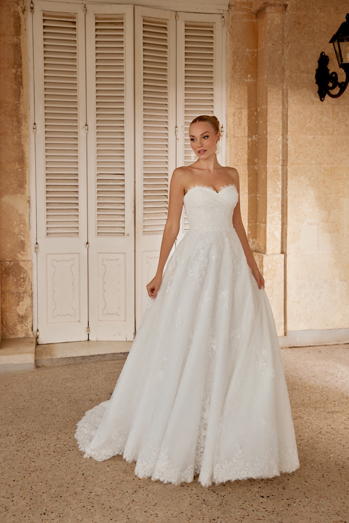 Sincerity Bridal Style 44616 Allover Chantilly Lace A-Line Dress with Draped Strapless Sweetheart Neckline and Natural Waist
