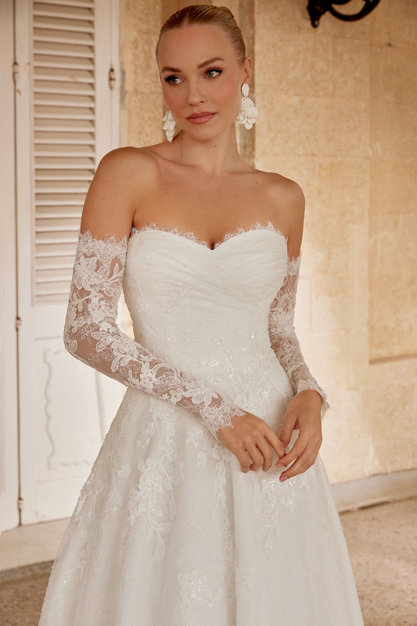 Sincerity Bridal Style 44616SL Detachable Chantilly Lace Long Sleeves with Corded Sequined Lace Appliqués
