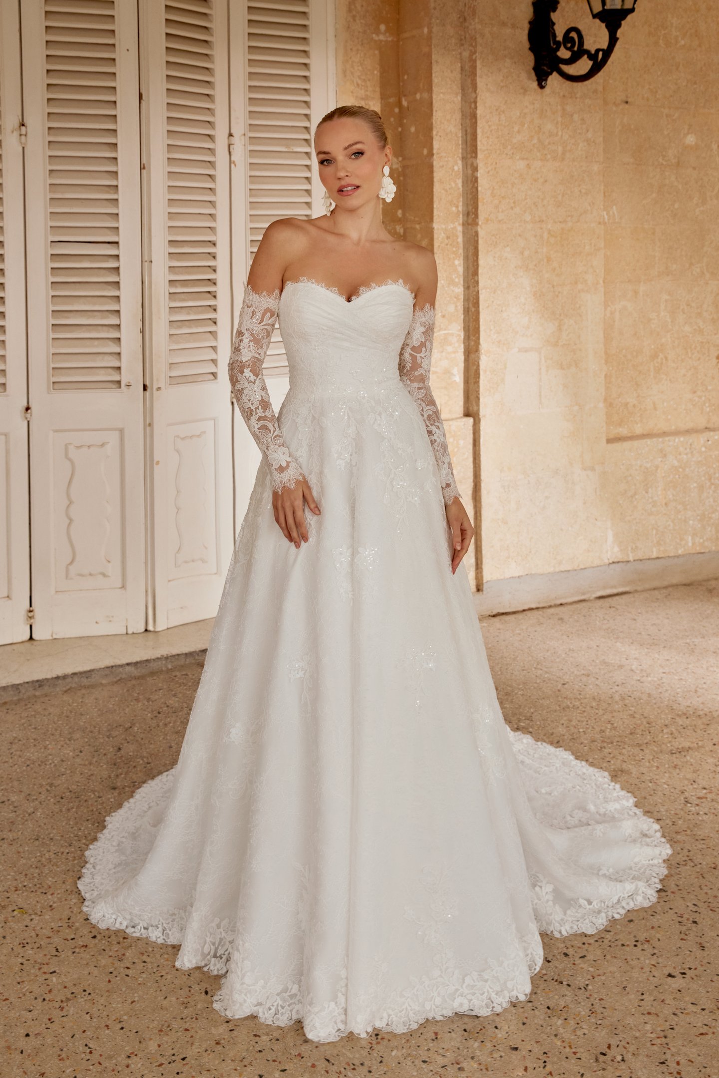 Sincerity Bridal Style 44616SL Detachable Chantilly Lace Long Sleeves with Corded Sequined Lace Appliqués