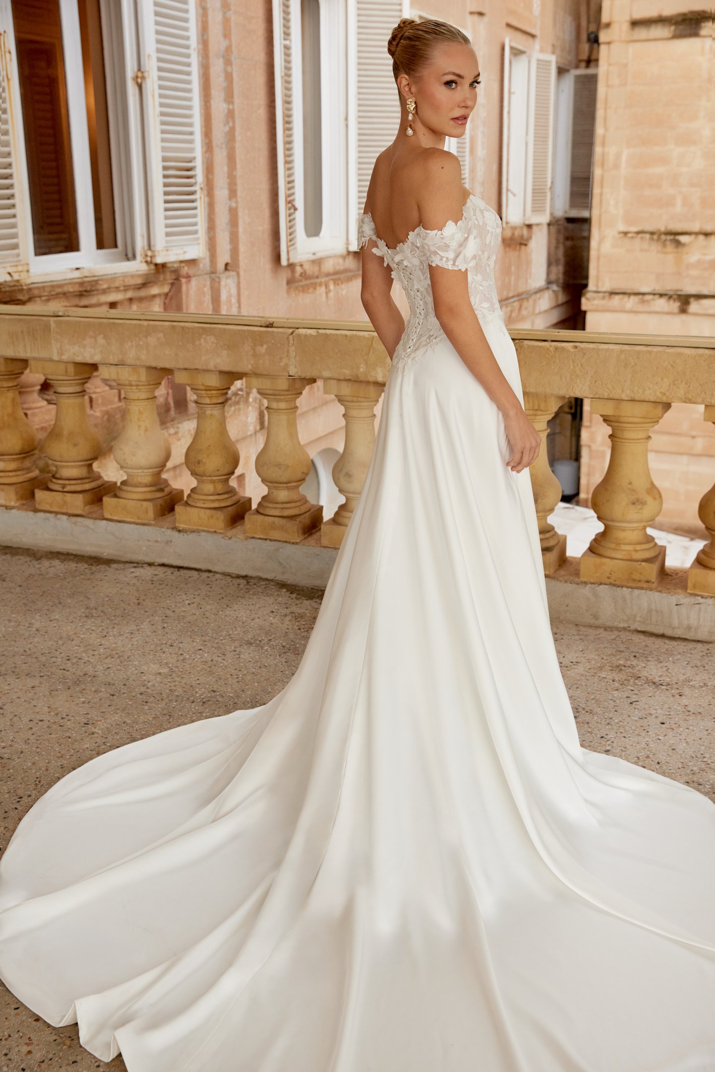 Sincerity Bridal Style 44617 Charmeuse A-Line Bridal with Detachable Off-the-Shoulder Straps and Sequined Lace Appliqués with 3D Lace Details