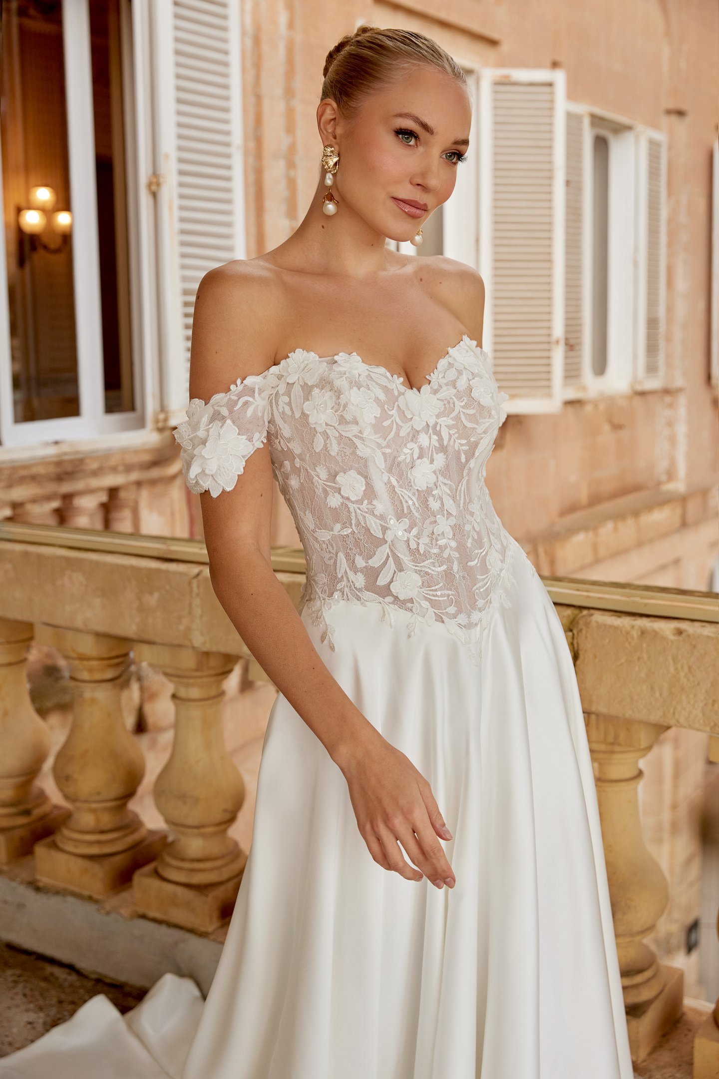 Sincerity Bridal Style 44617 Charmeuse A-Line Bridal with Detachable Off-the-Shoulder Straps and Sequined Lace Appliqués with 3D Lace Details