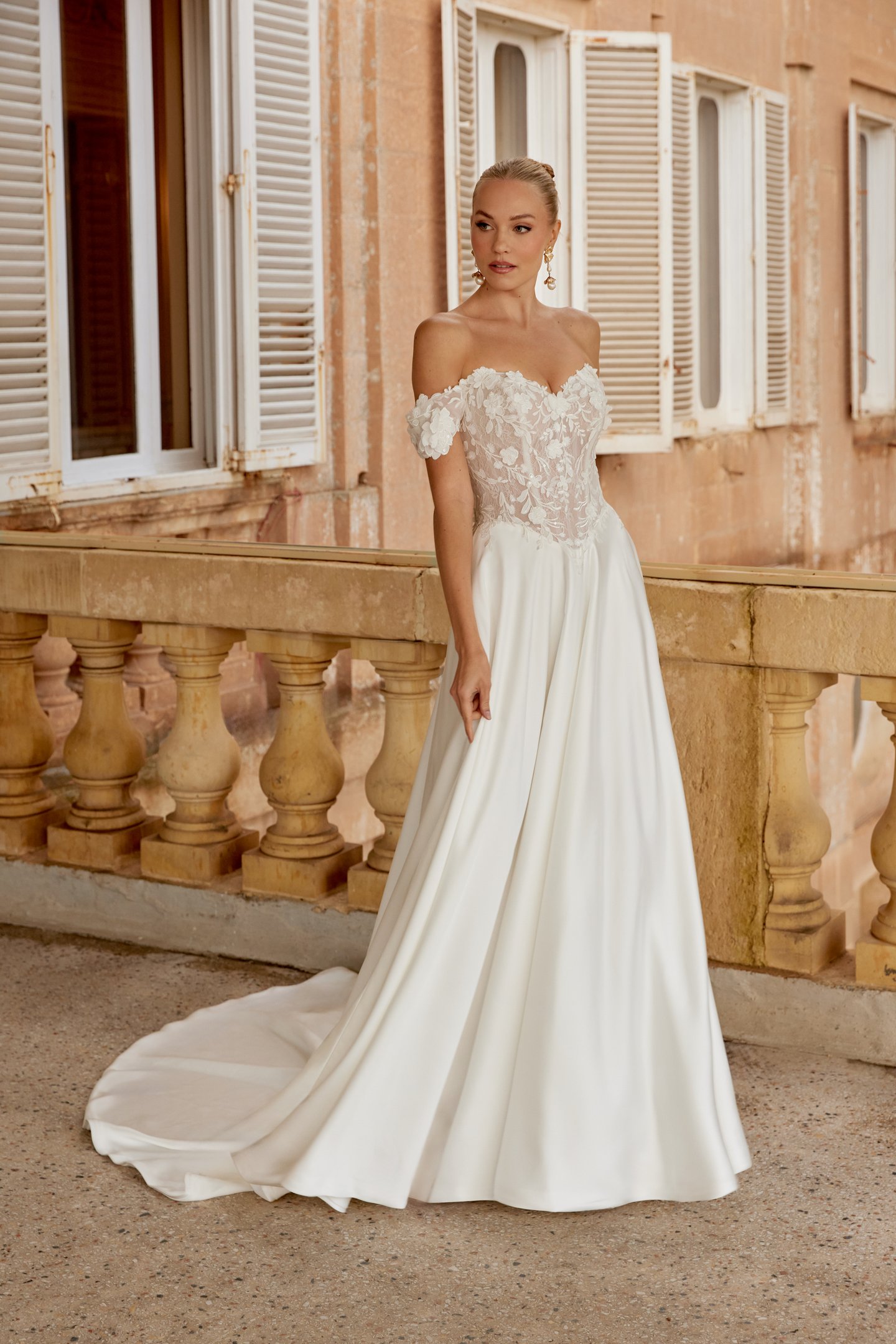 Sincerity Bridal Style 44617 Charmeuse A-Line Bridal with Detachable Off-the-Shoulder Straps and Sequined Lace Appliqués with 3D Lace Details