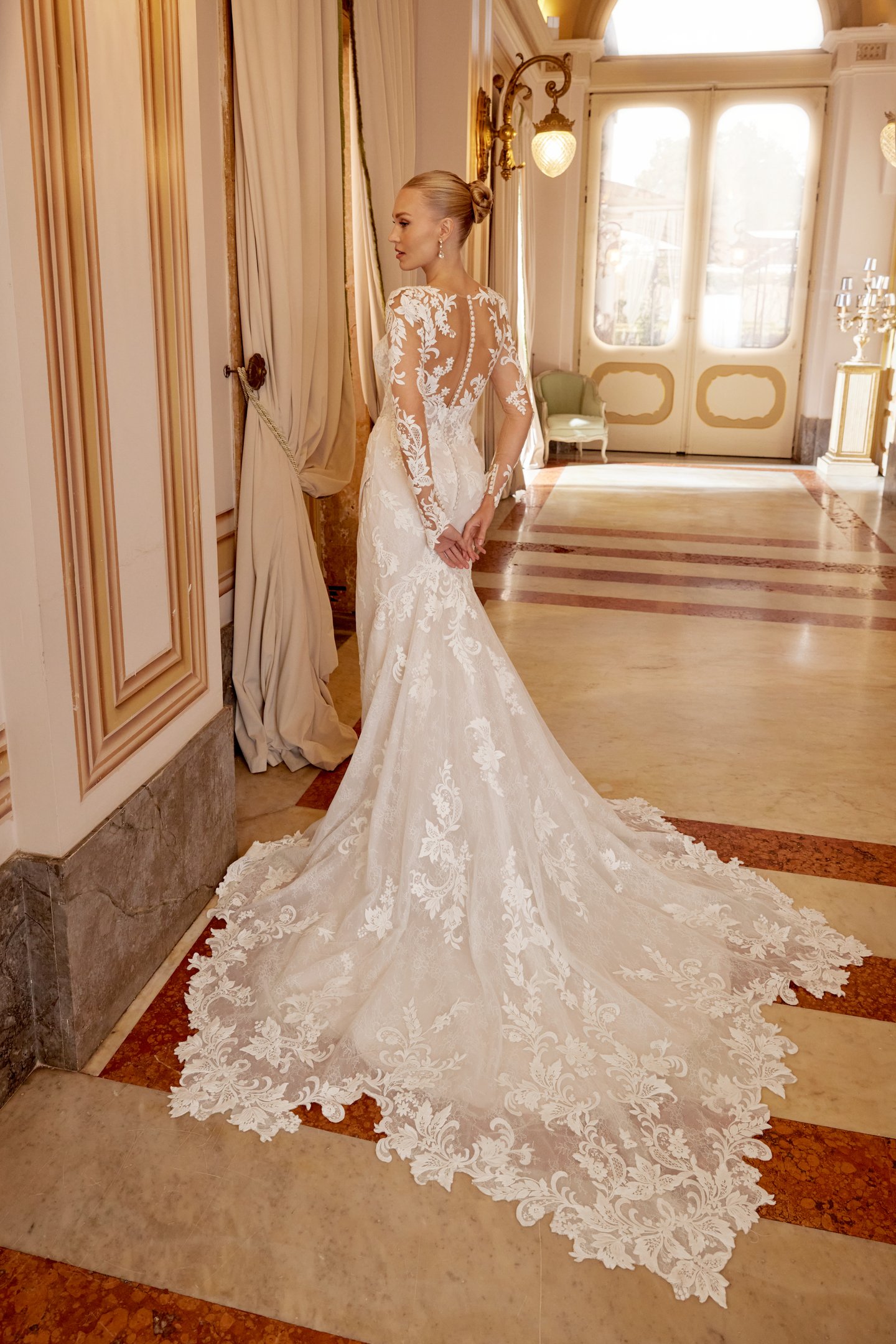 Sincerity Bridal Style 44619 Sparkling Chantilly Lace Fit and Flare Dress with Matte Lace Floral Appliqués Throughout