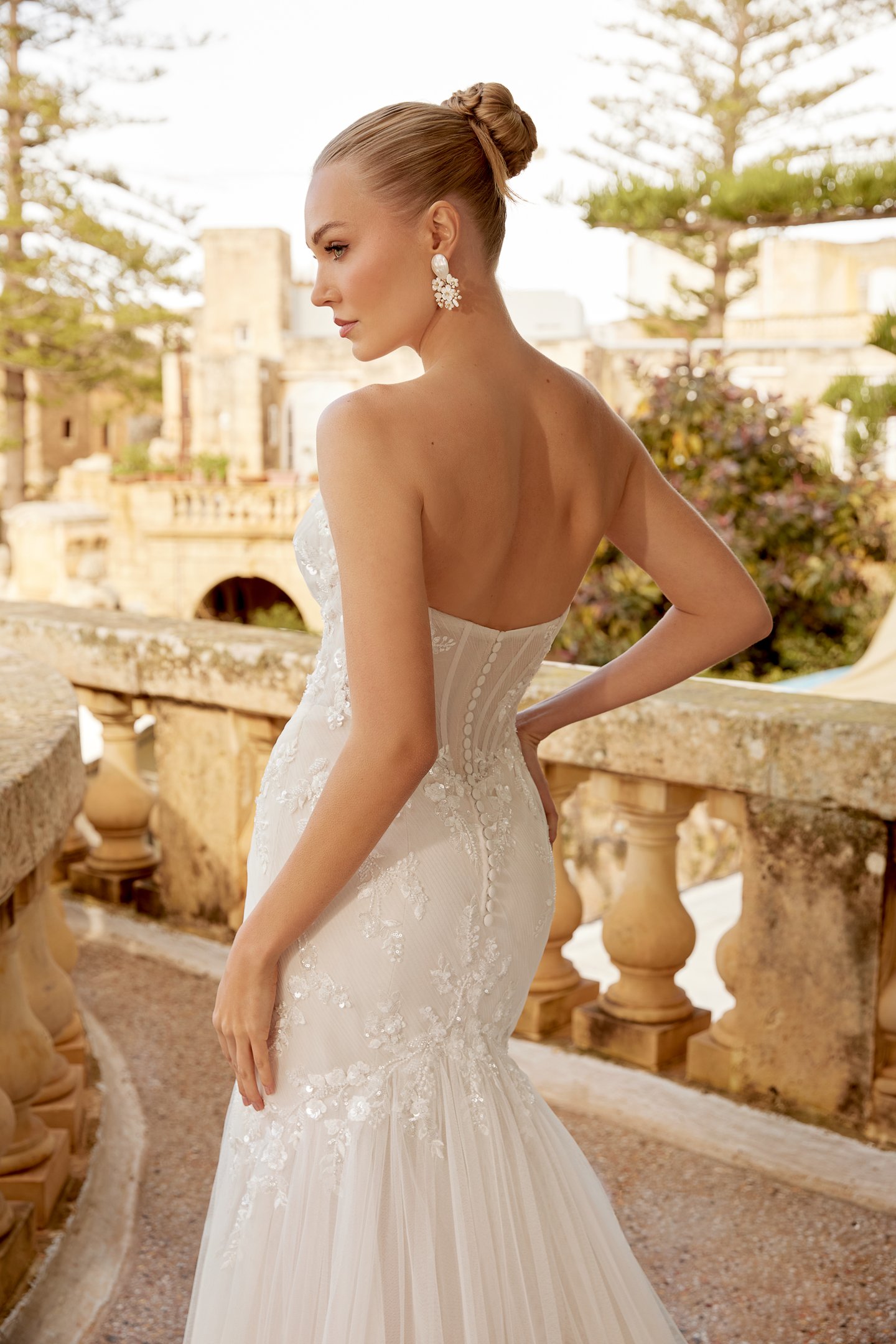 Sincerity Bridal Style 44621 Stretch Tulle Mermaid Dress with Asymmetrical Draped Tulle and Floral Lace Appliqués