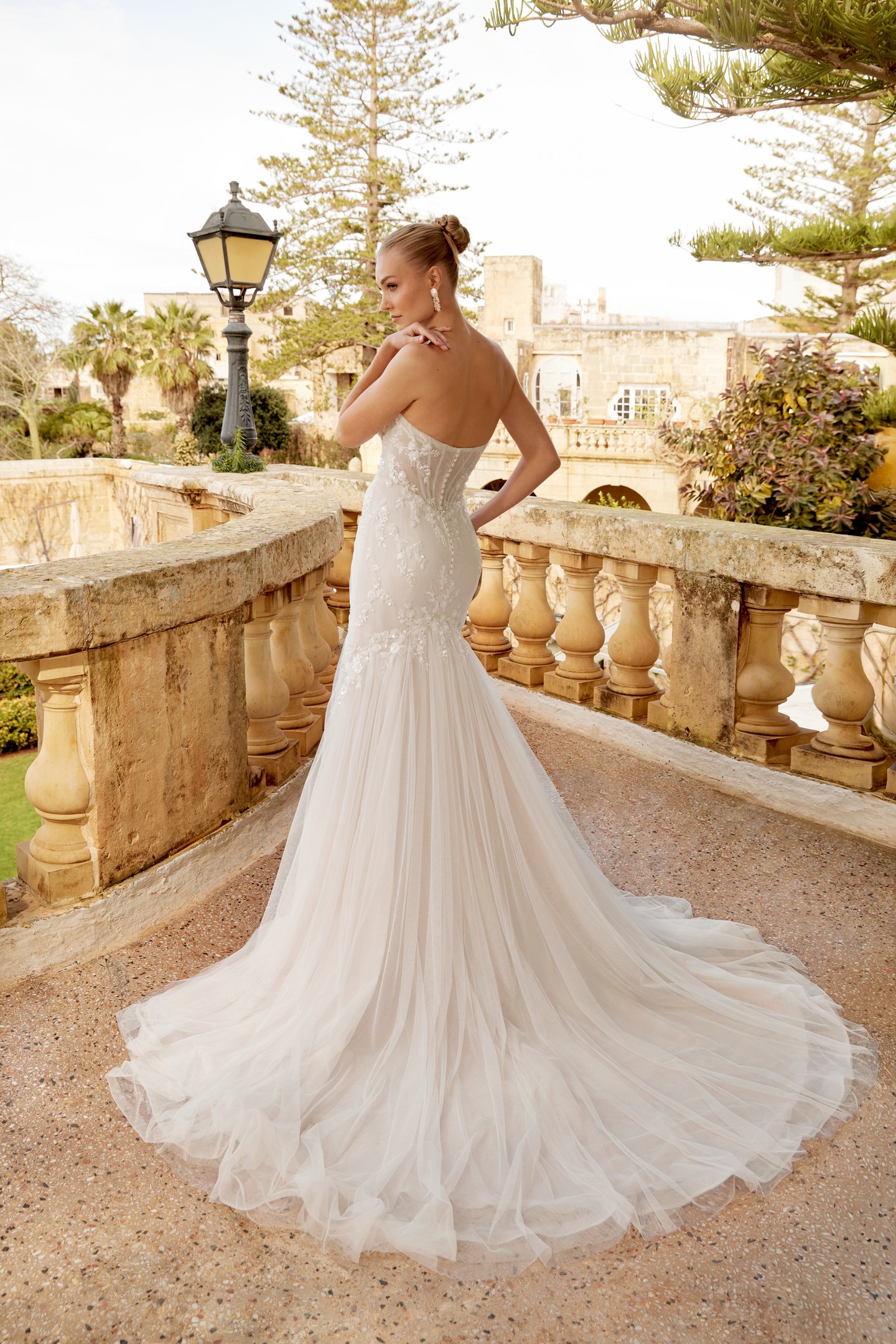 Sincerity Bridal Style 44621 Stretch Tulle Mermaid Dress with Asymmetrical Draped Tulle and Floral Lace Appliqués