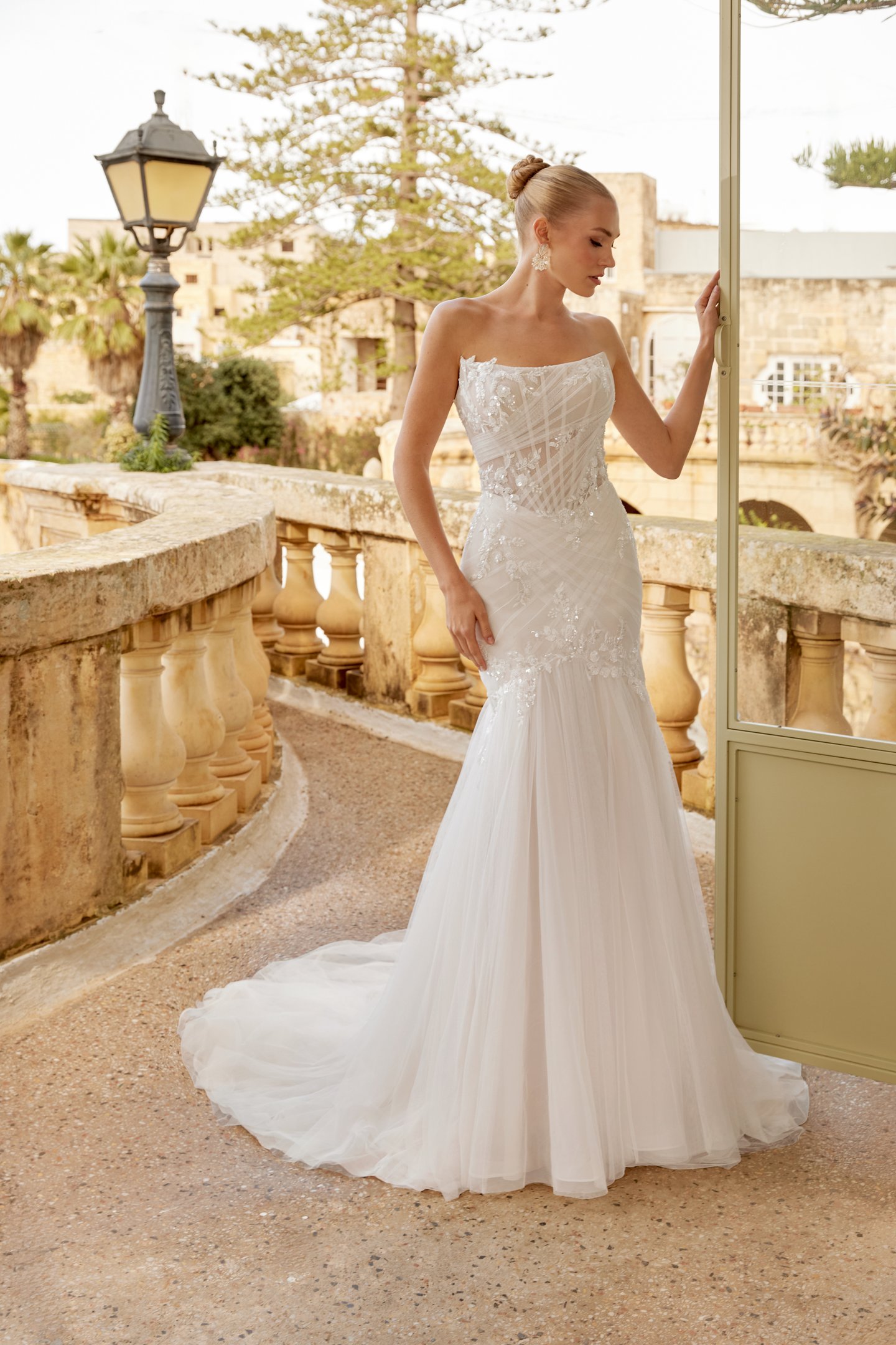 Sincerity Bridal Style 44621 Stretch Tulle Mermaid Dress with Asymmetrical Draped Tulle and Floral Lace Appliqués