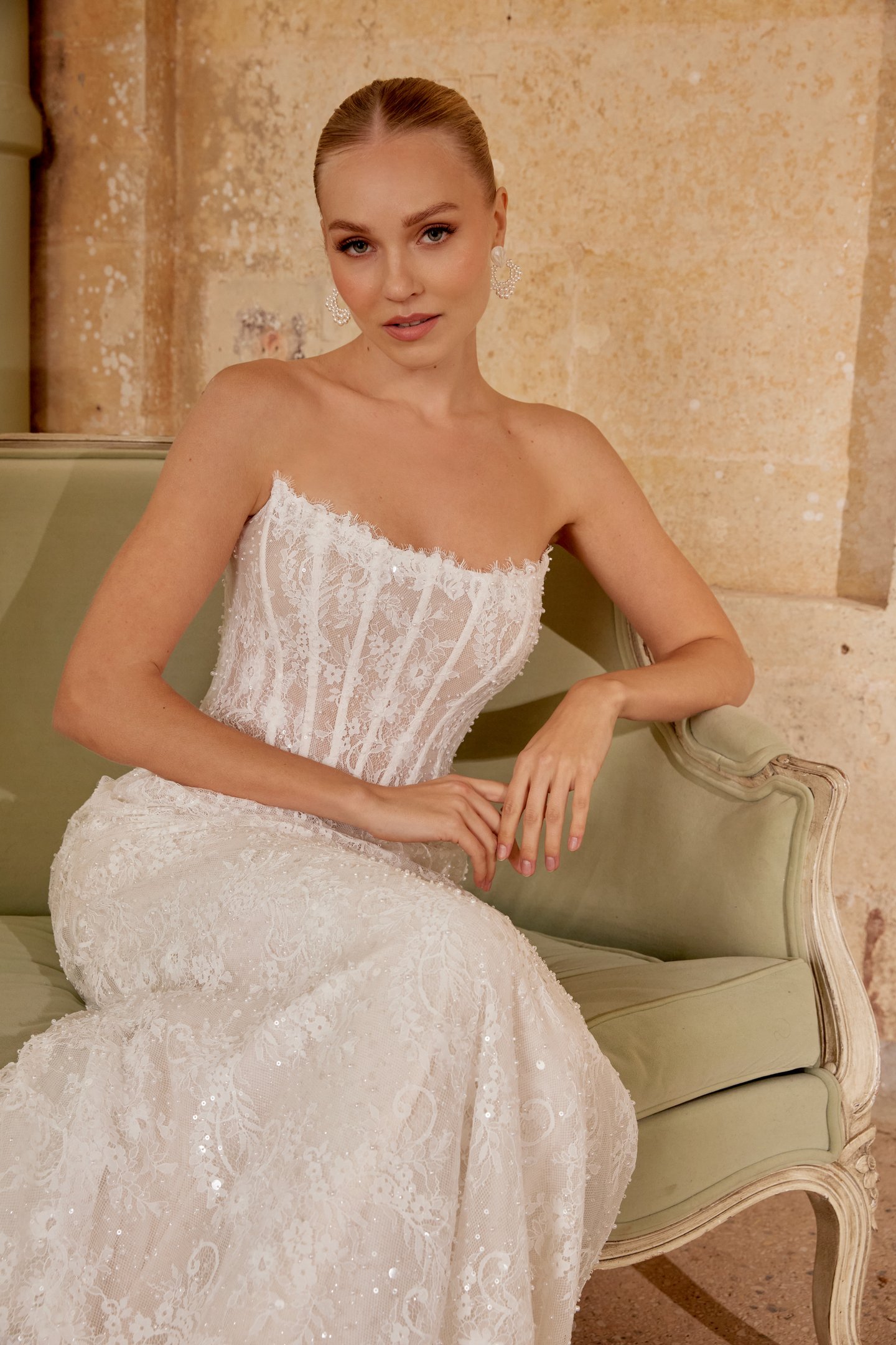 Sincerity Bridal Style 44625 Sparkling Allover Lace Fit and Flare Dress with Basque Waistline