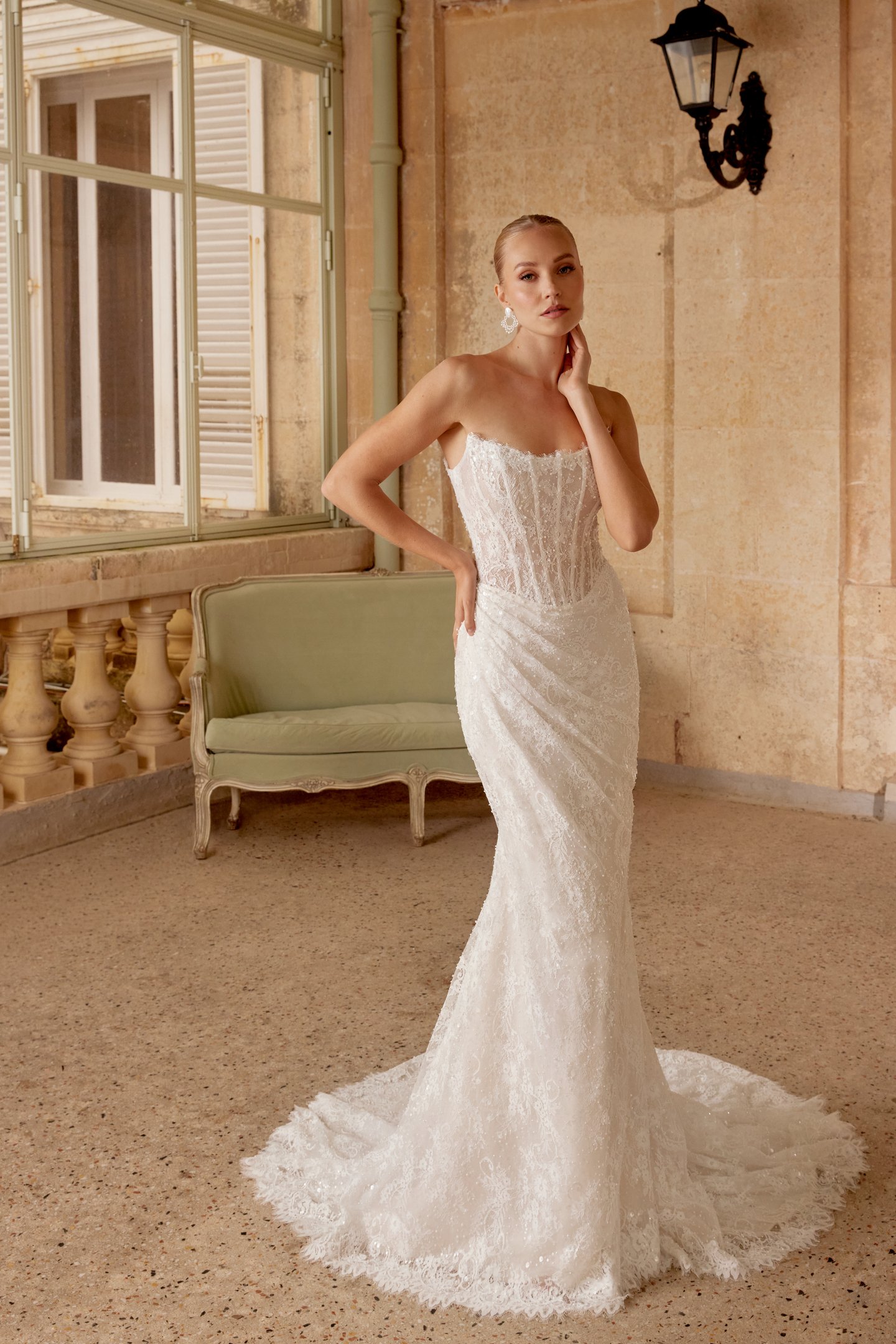 Sincerity Bridal Style 44625 Sparkling Allover Lace Fit and Flare Dress with Basque Waistline