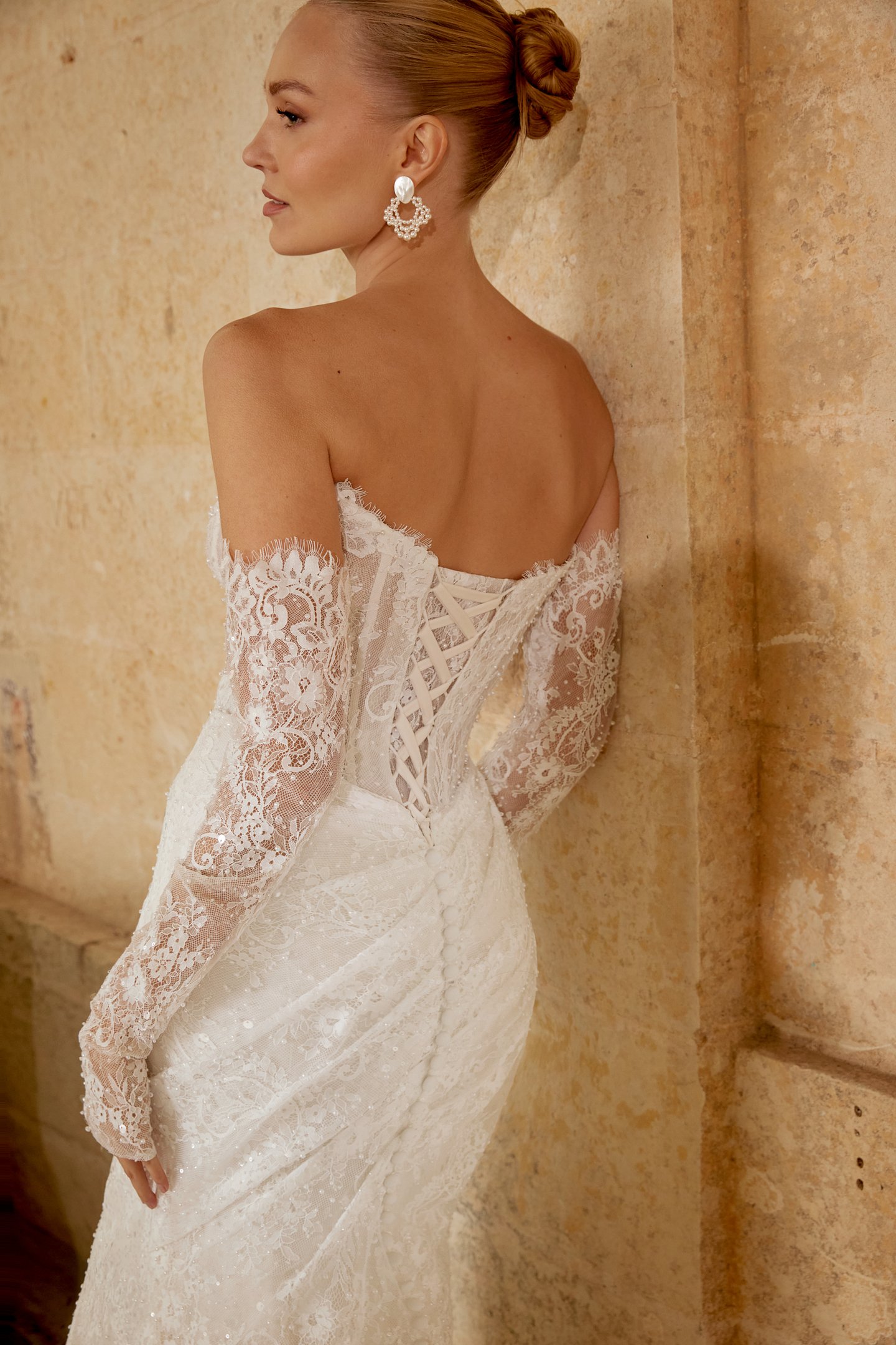Sincerity Bridal Style 44625SL Detachable Beaded Chantilly Lace Long Sleeves with Thumb Hole