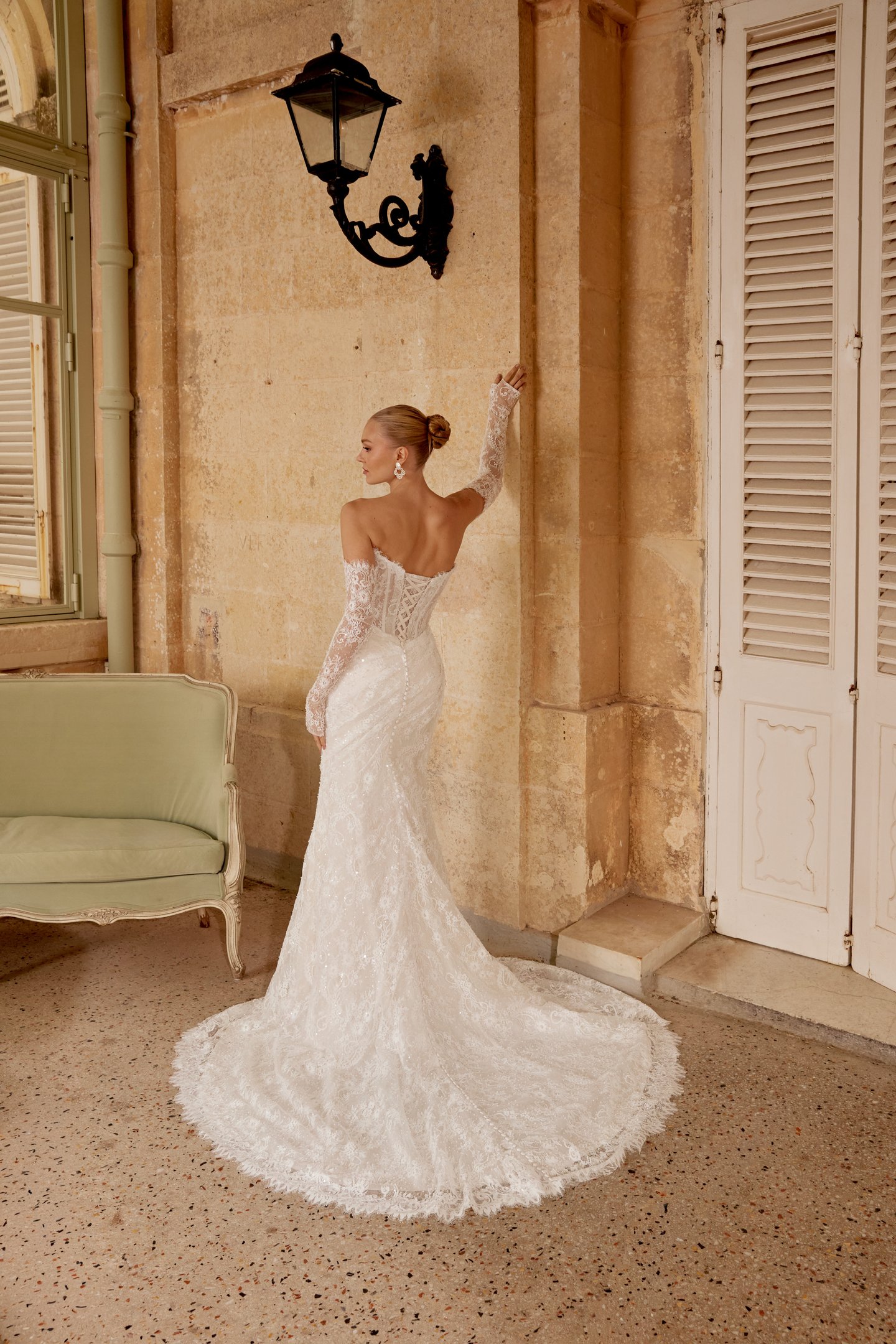 Sincerity Bridal Style 44625SL Detachable Beaded Chantilly Lace Long Sleeves with Thumb Hole