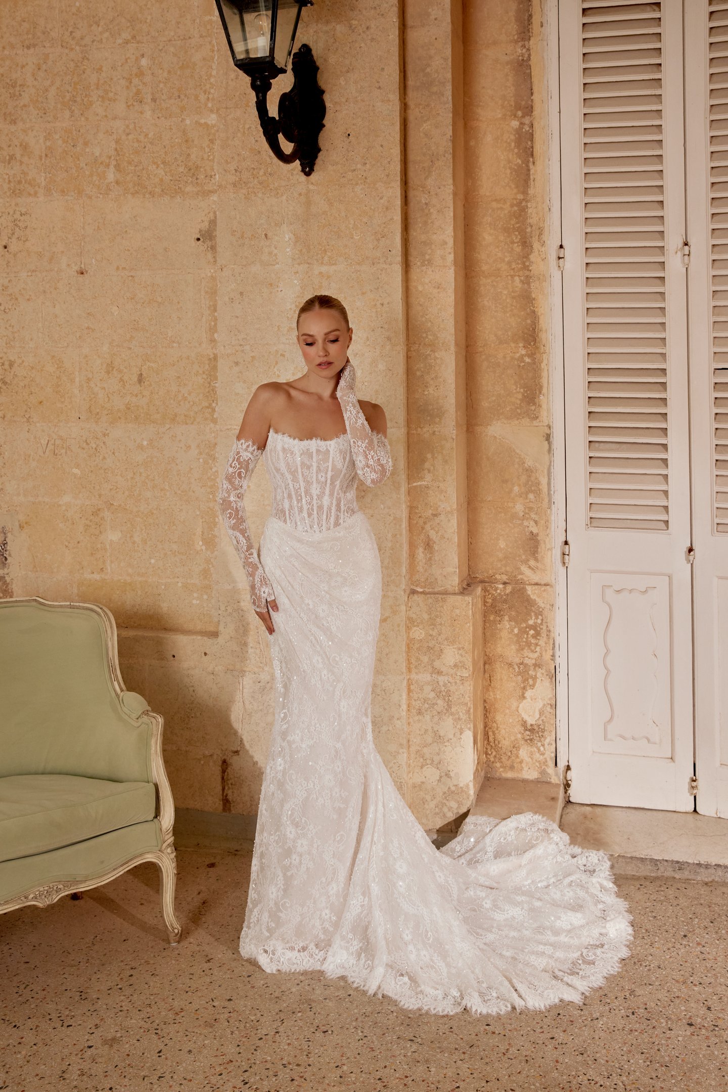 Sincerity Bridal Style 44625SL Detachable Beaded Chantilly Lace Long Sleeves with Thumb Hole