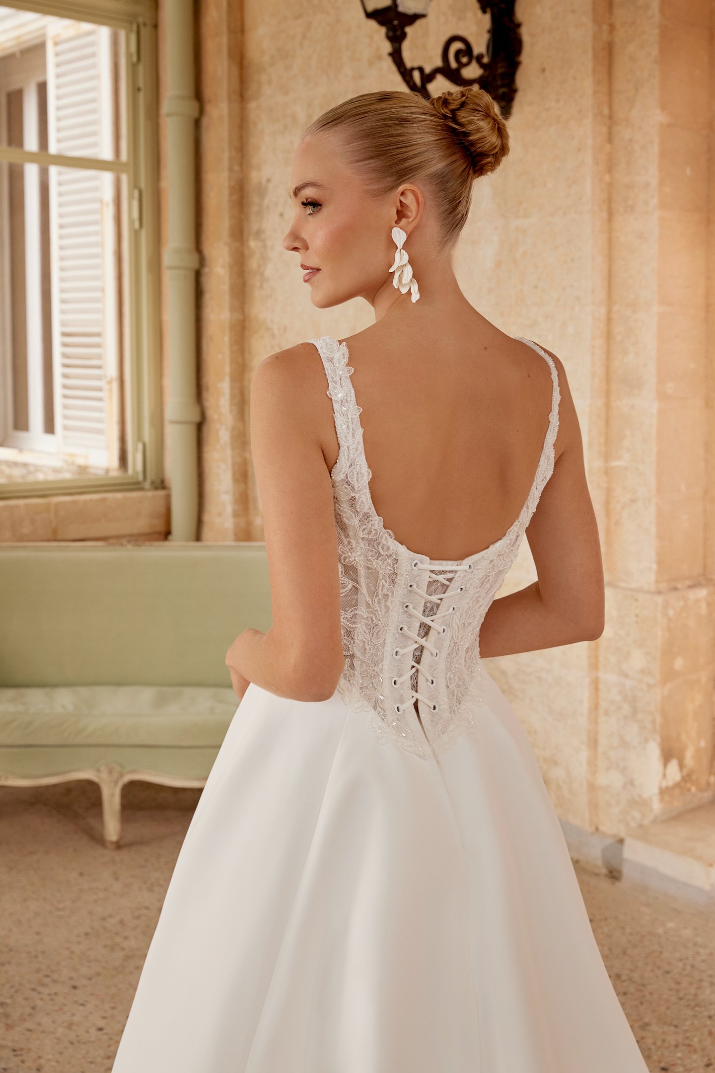 Sincerity Bridal Style 44626 Satin Ball Gown with Scoop Neckline Featuring Lace Appliqués on the Bodice
