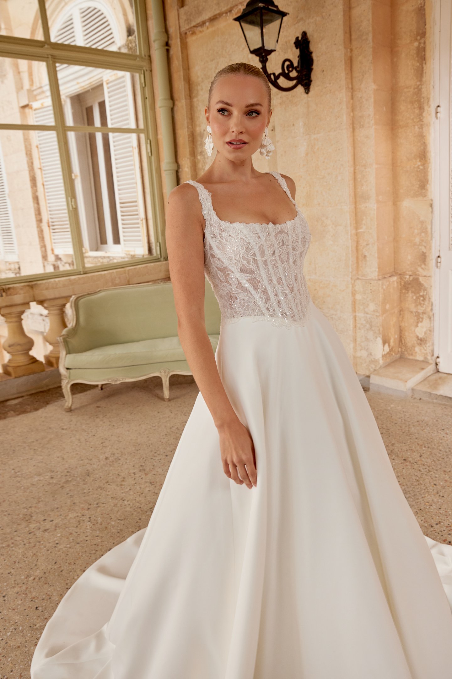 Sincerity Bridal Style 44626 Satin Ball Gown with Scoop Neckline Featuring Lace Appliqués on the Bodice