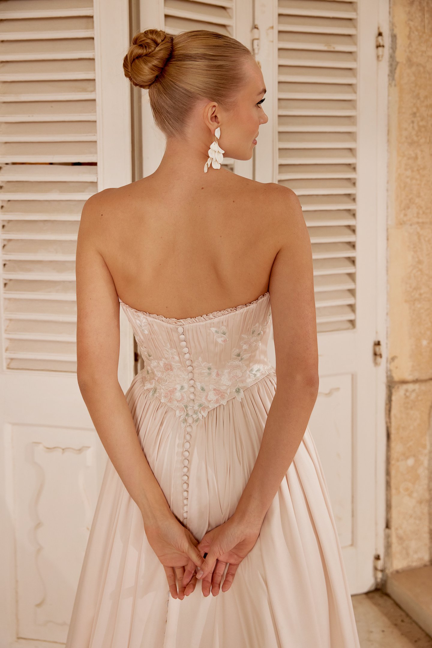 Sincerity Bridal Style 44628 Charmeuse Faux Two-Piece A-Line Dress with Pink and Green Lace Appliqués on Bodice