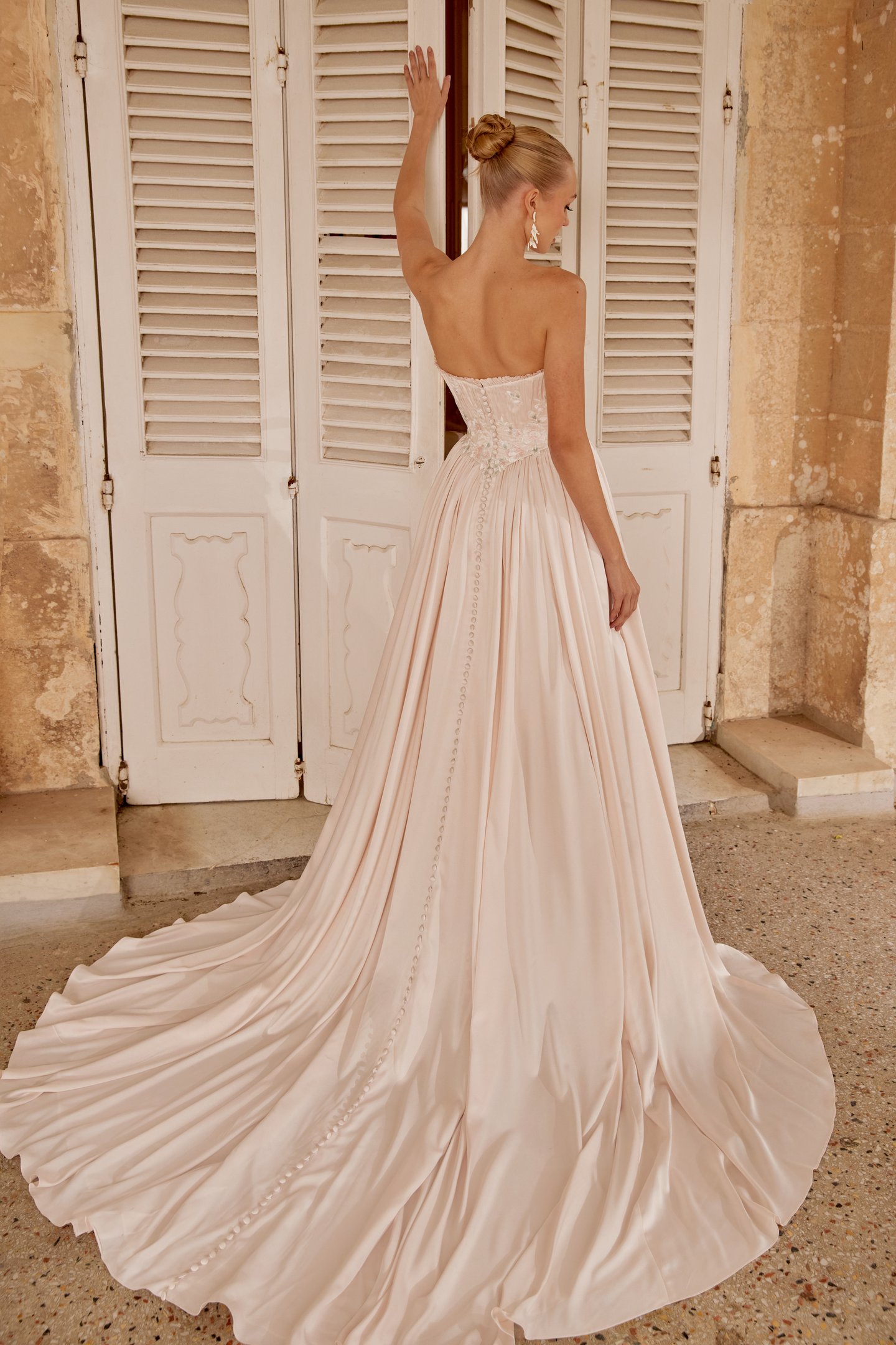 Sincerity Bridal Style 44628 Charmeuse Faux Two-Piece A-Line Dress with Pink and Green Lace Appliqués on Bodice