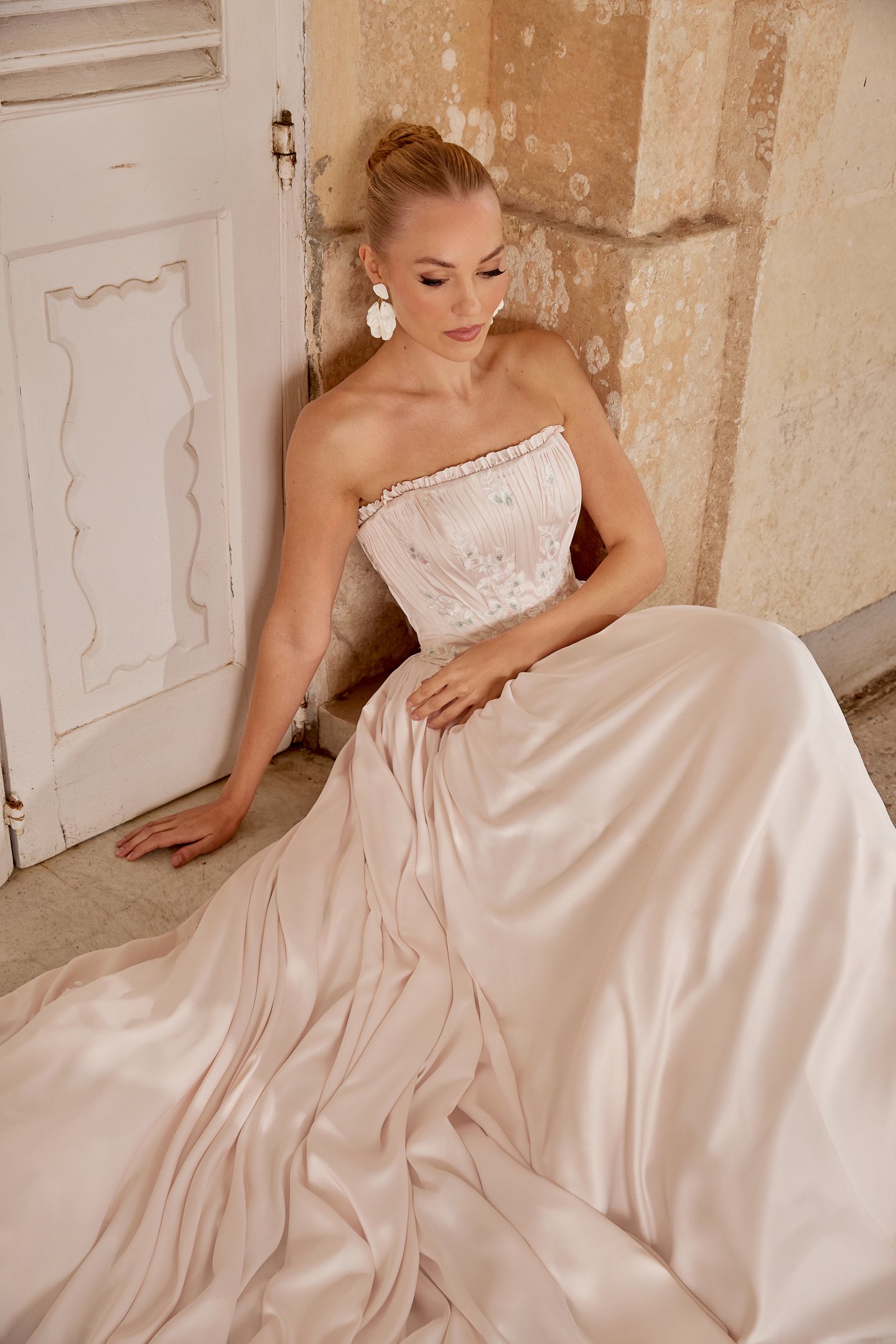 Sincerity Bridal Style 44628 Charmeuse Faux Two-Piece A-Line Dress with Pink and Green Lace Appliqués on Bodice