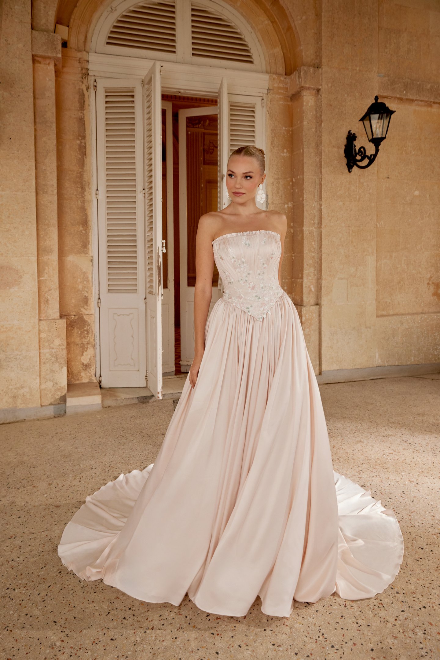 Sincerity Bridal Style 44628 Charmeuse Faux Two-Piece A-Line Dress with Pink and Green Lace Appliqués on Bodice