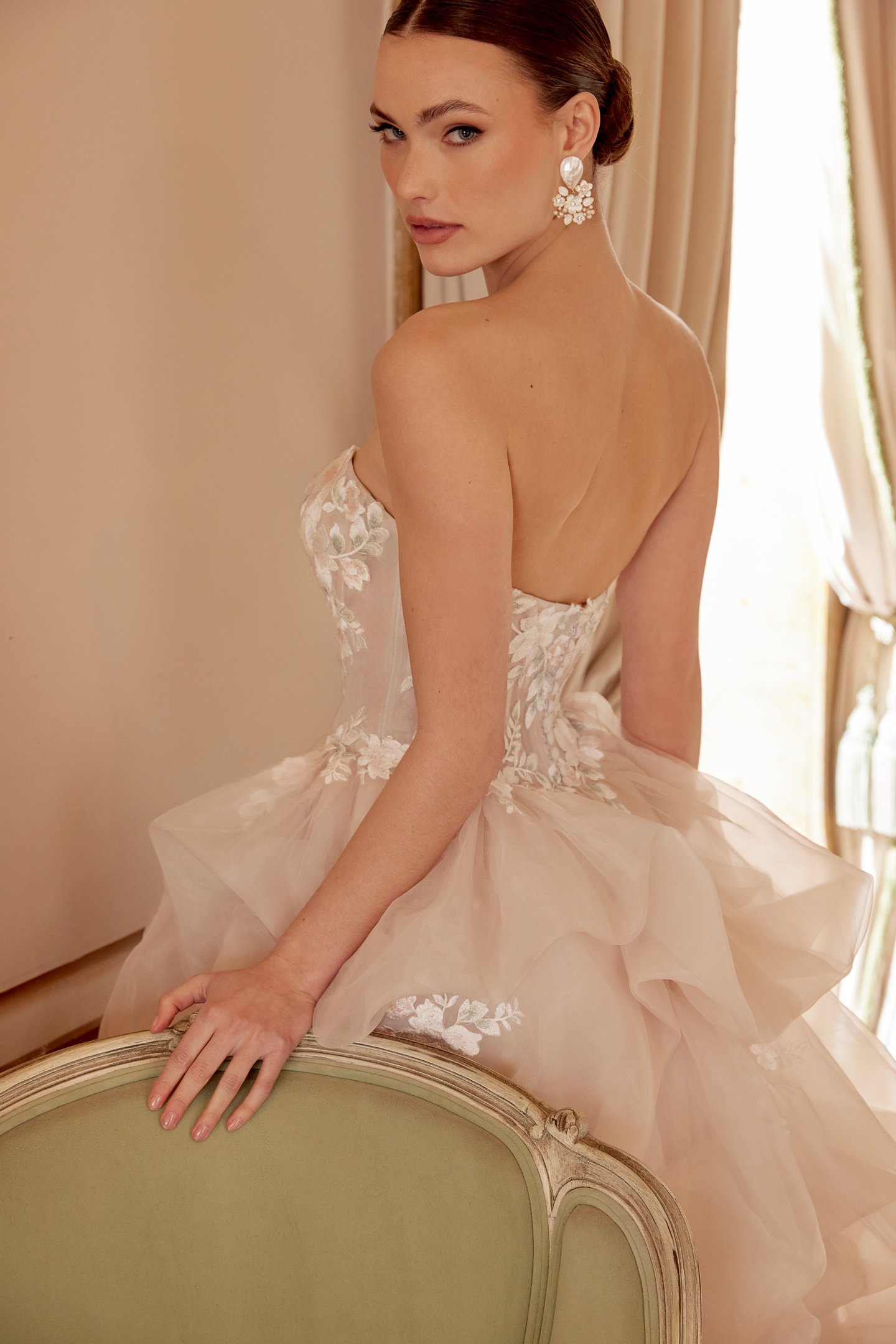 Sincerity Bridal Style 44629 Organza Ball Gown with Pink and Green Lace Appliqués and Pick-Up Skirt