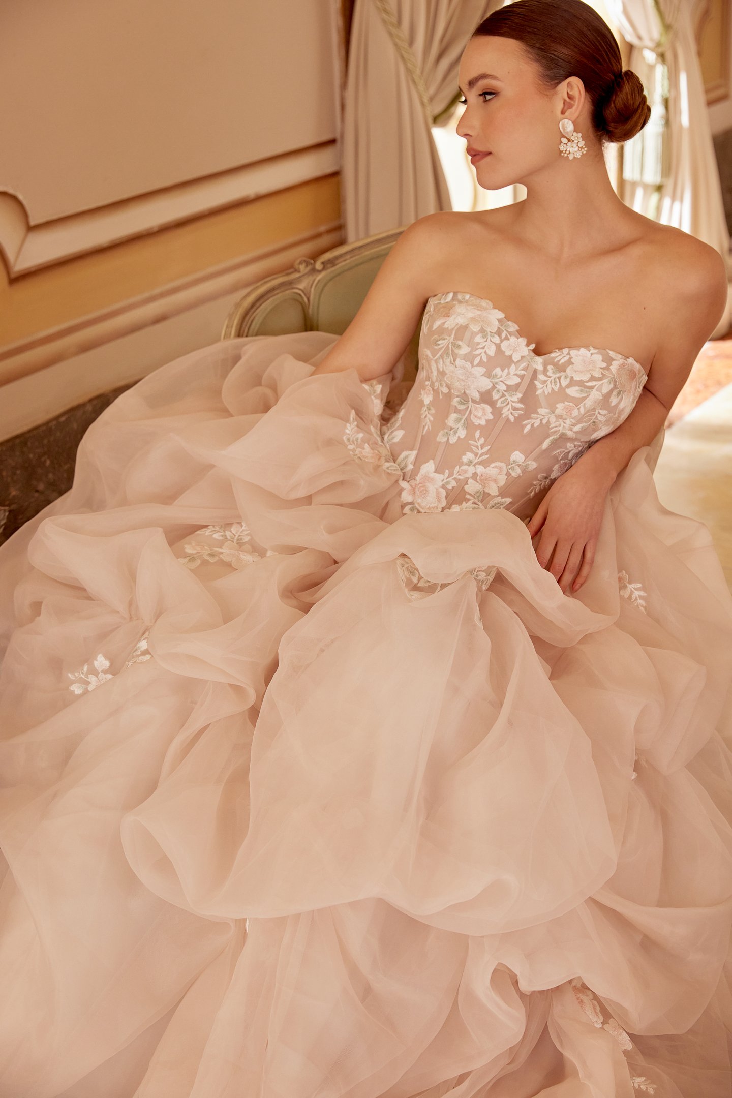 Sincerity Bridal Style 44629 Organza Ball Gown with Pink and Green Lace Appliqués and Pick-Up Skirt