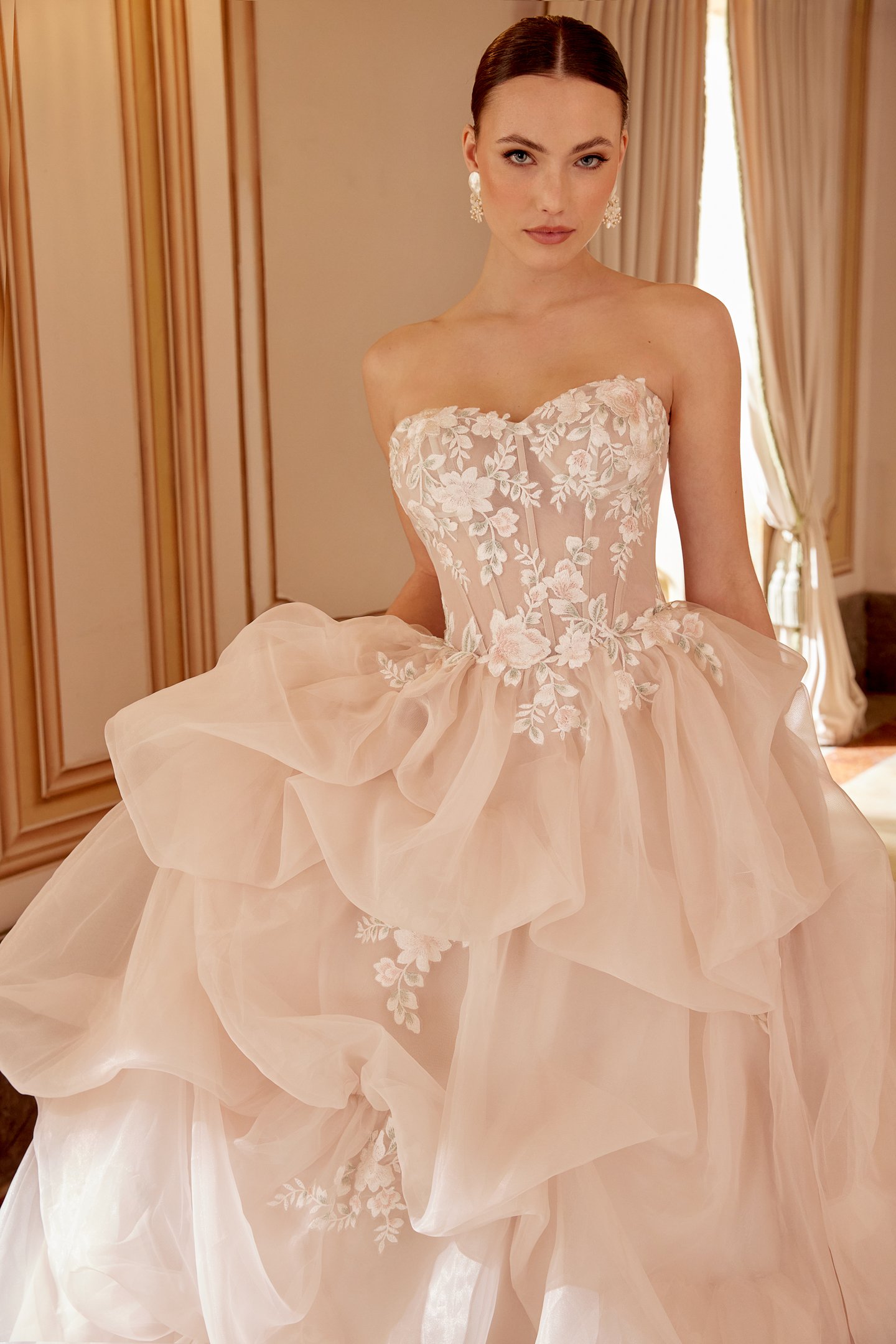 Sincerity Bridal Style 44629 Organza Ball Gown with Pink and Green Lace Appliqués and Pick-Up Skirt