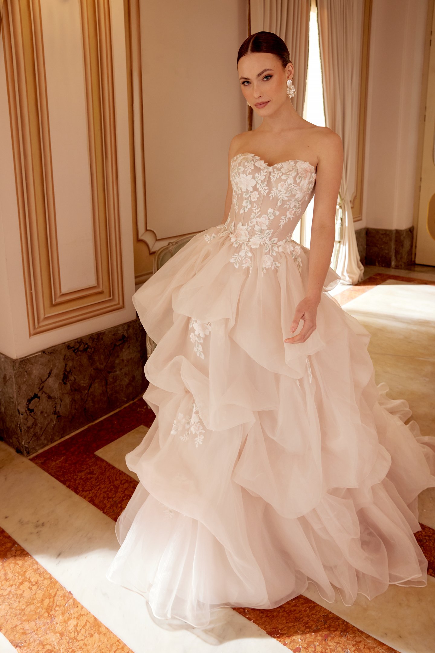 Sincerity Bridal Style 44629 Organza Ball Gown with Pink and Green Lace Appliqués and Pick-Up Skirt