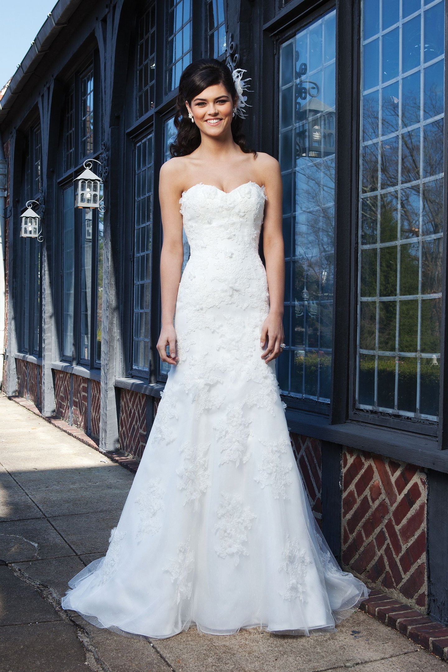 Sincerity Bridal Style 3731 Lace fit and flare dress complemented by a sweetheart neckline